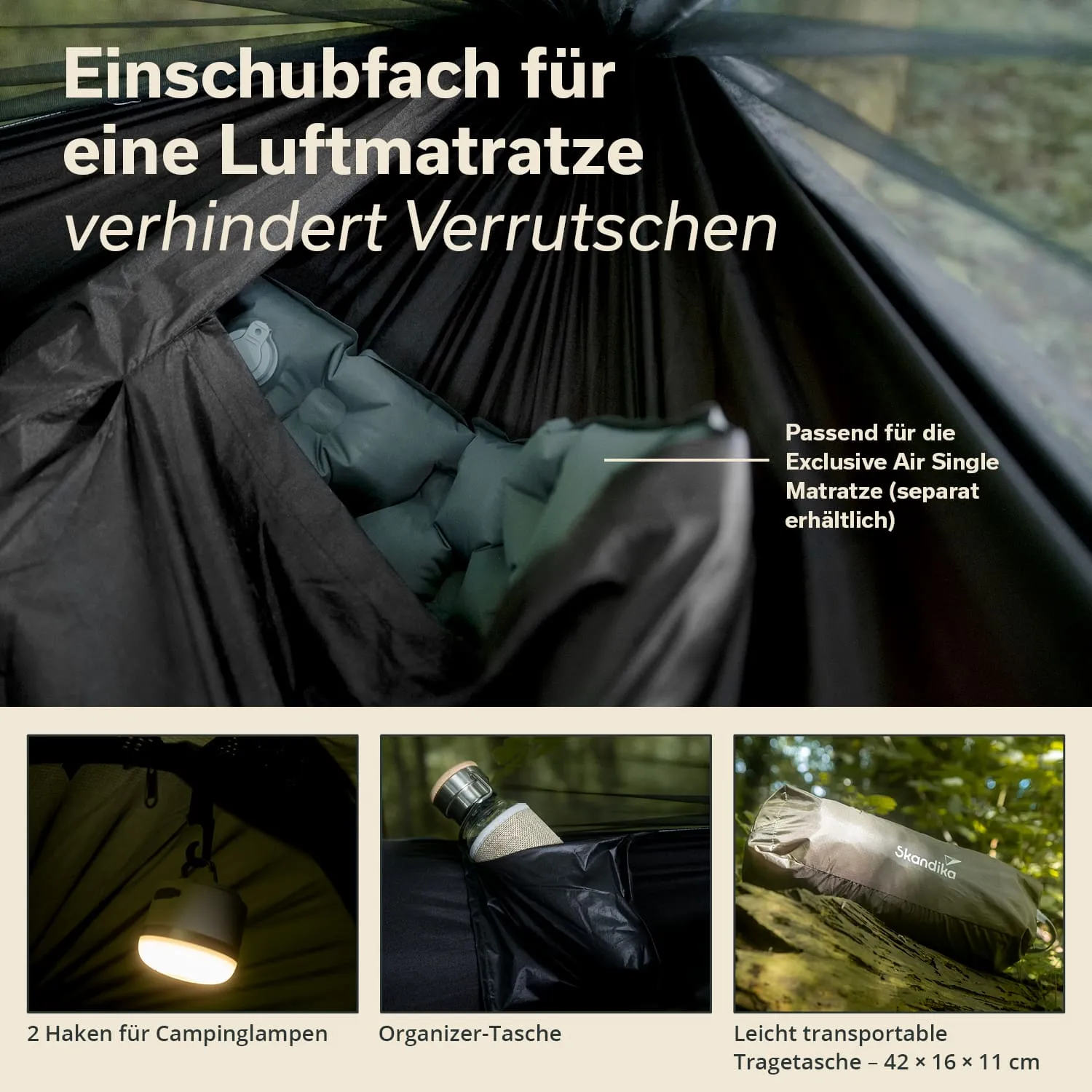 Einschubfach für Luftmatratze in einer schwarzen Hängematte. Zwei Haken, eine Organizer-Tasche und eine Tragetasche sind abgebildet.