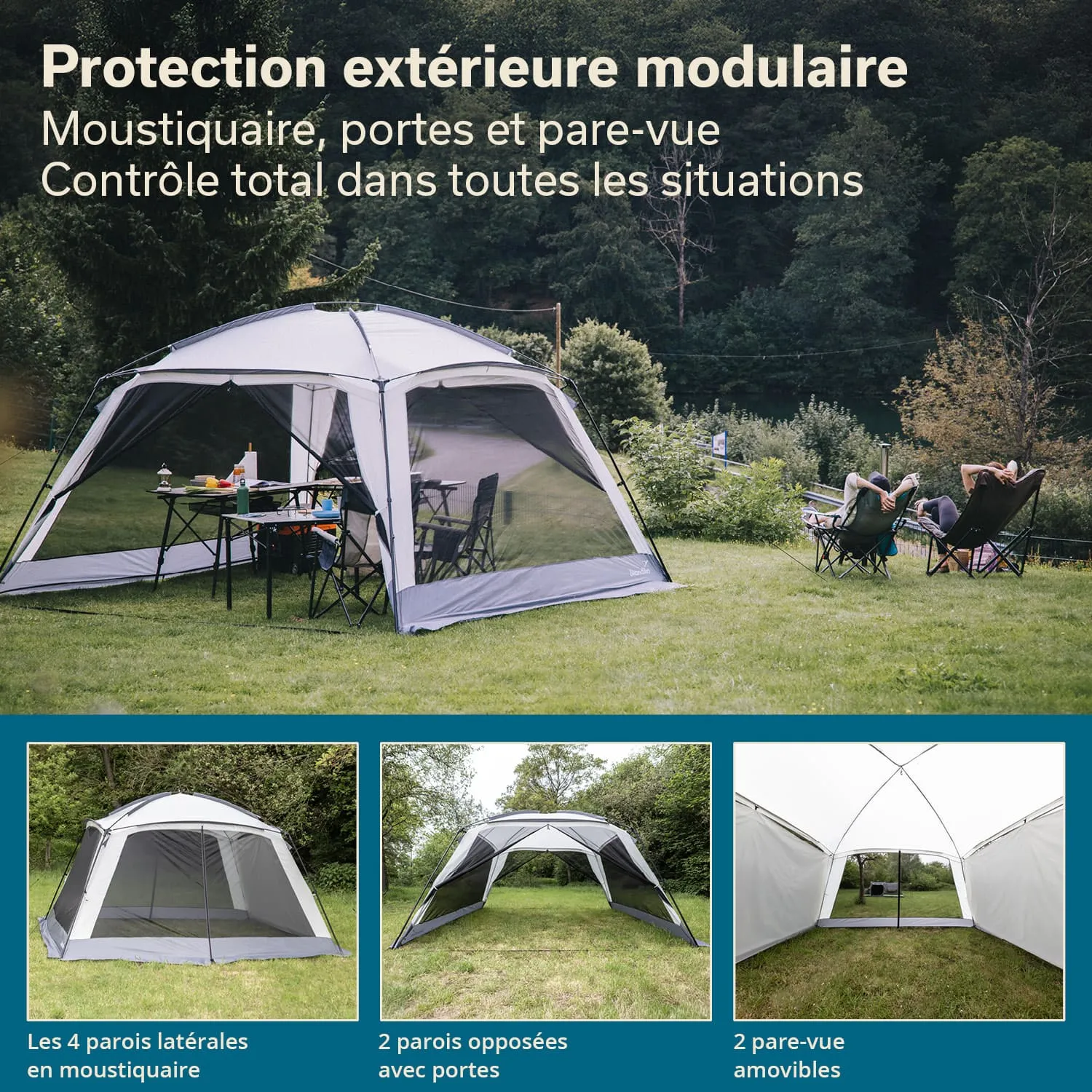 Modularer Zeltaufbau mit Moskitonetz, Tisch und Stühlen auf einer Wiese, umgeben von Bäumen.