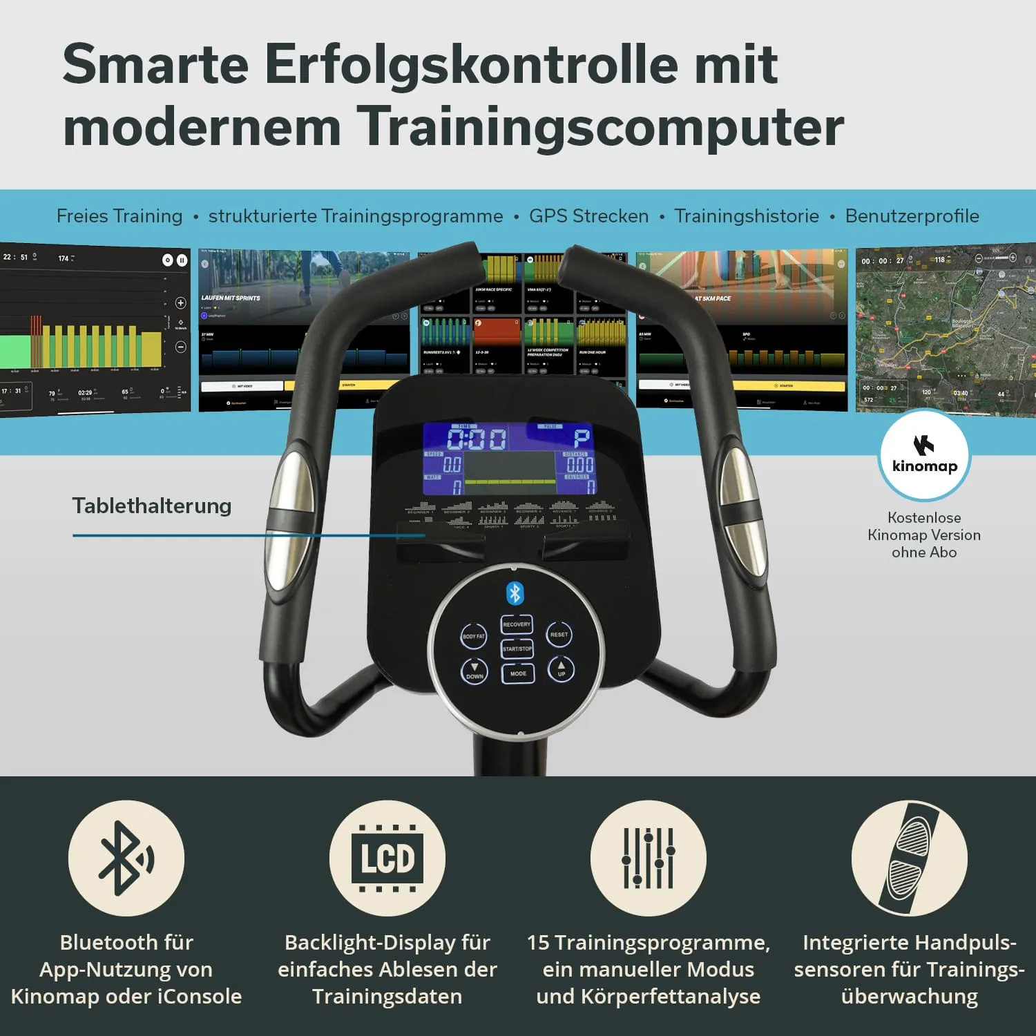 Trainingscomputer mit Tablet-Halterung, Bluetooth-Funktion, LCD-Display und Handpulssensoren. Grafiken und Texte auf dem Hintergrund.