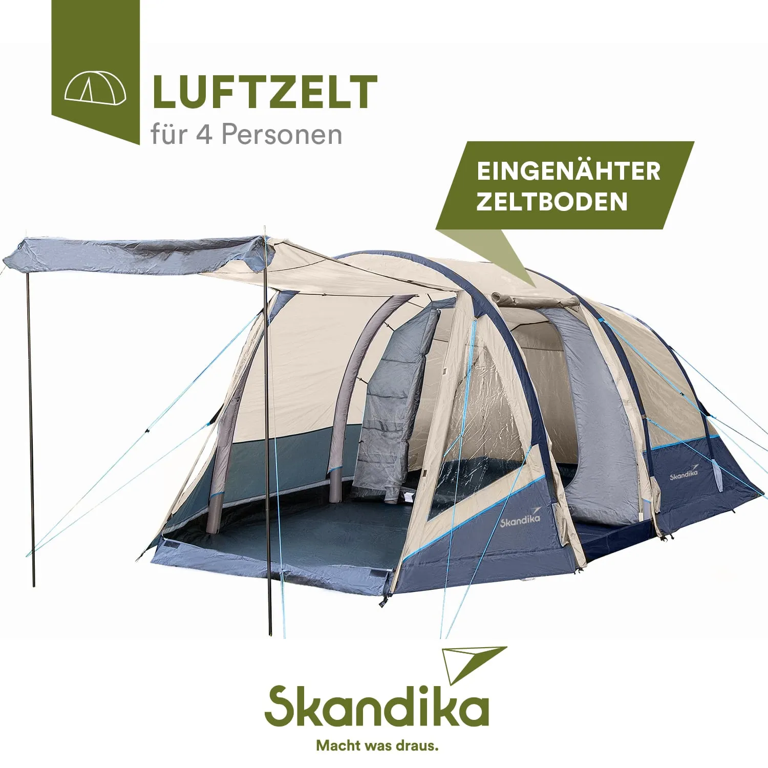 Luftzelt für 4 Personen, mit eingenähten Zeltboden, in hellen und dunklen Farben. Markenlogo „Skandika“ im unteren Bereich.