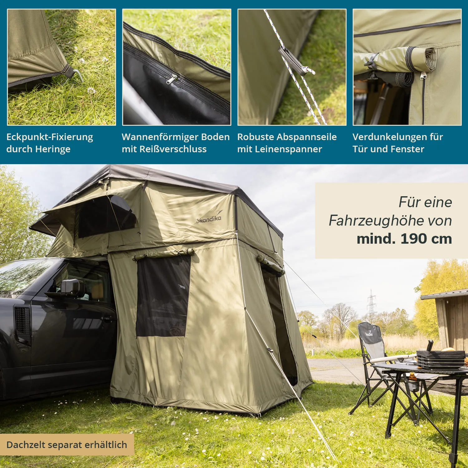 Dachzelt in Olivgrün befestigt an einem Fahrzeug. Sichtbare Details: Fenster, Abspannseile, Reißverschluss und ein Stuhl mit Tisch.
