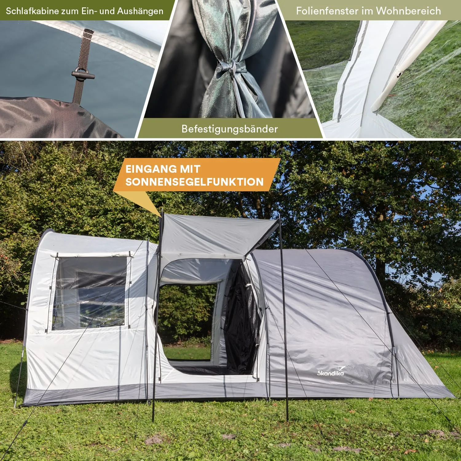 Zelt mit Sonnensegelfunktion, seitlichen Fenstern und Befestigungsbändern, auf einer grünen Wiese.