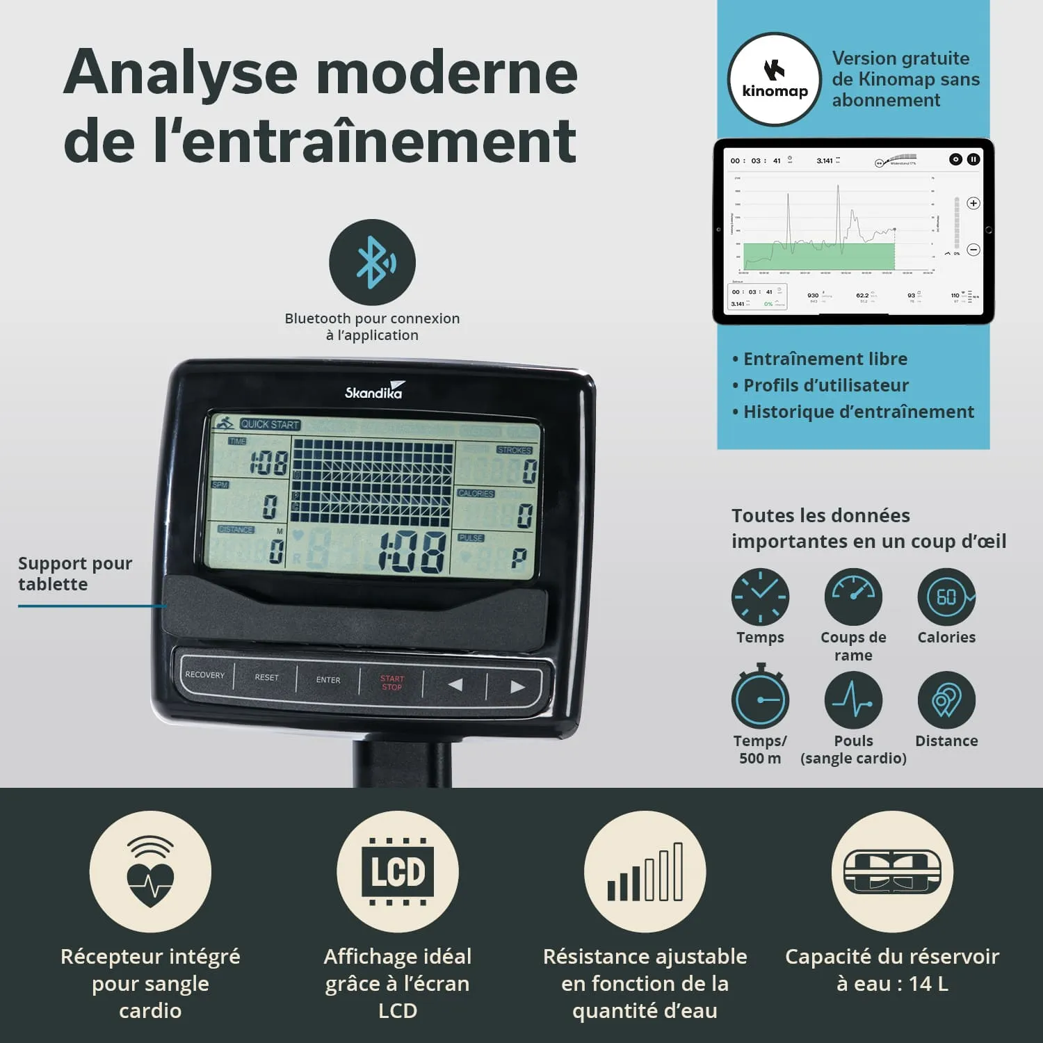 Digitales Display eines Trainingsgeräts mit LCD-Anzeige, Bluetooth-Funktion, Tablet-Halterung und Informationen zu Trainingsdaten.