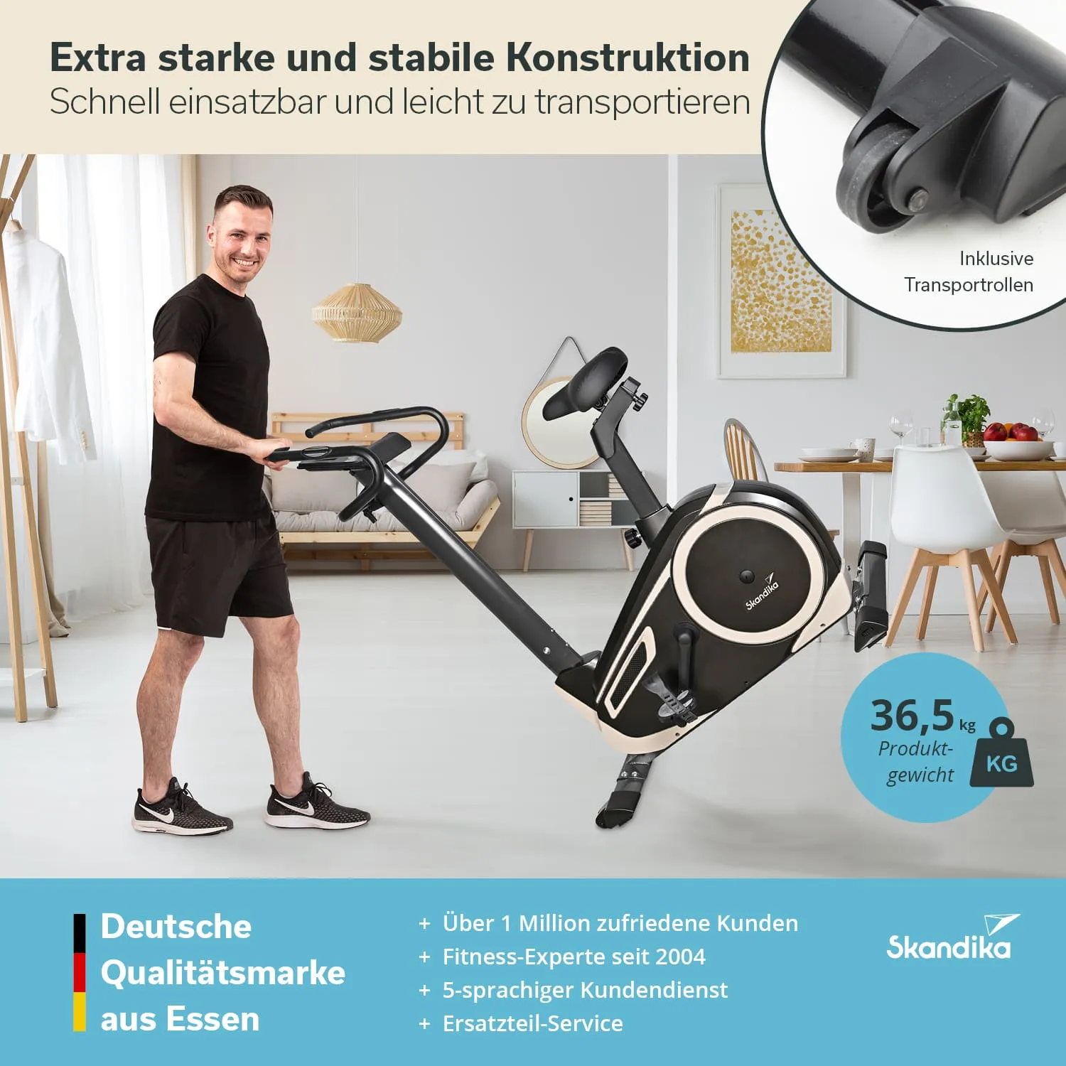 Ein Mann steht an einem Fitnessgerät in einem hellen Raum. Das Gerät hat eine schwarze Konstruktion mit einer runden, goldenen Verkleidung. Im Hintergrund sind Möbel und Dekoration sichtbar.
