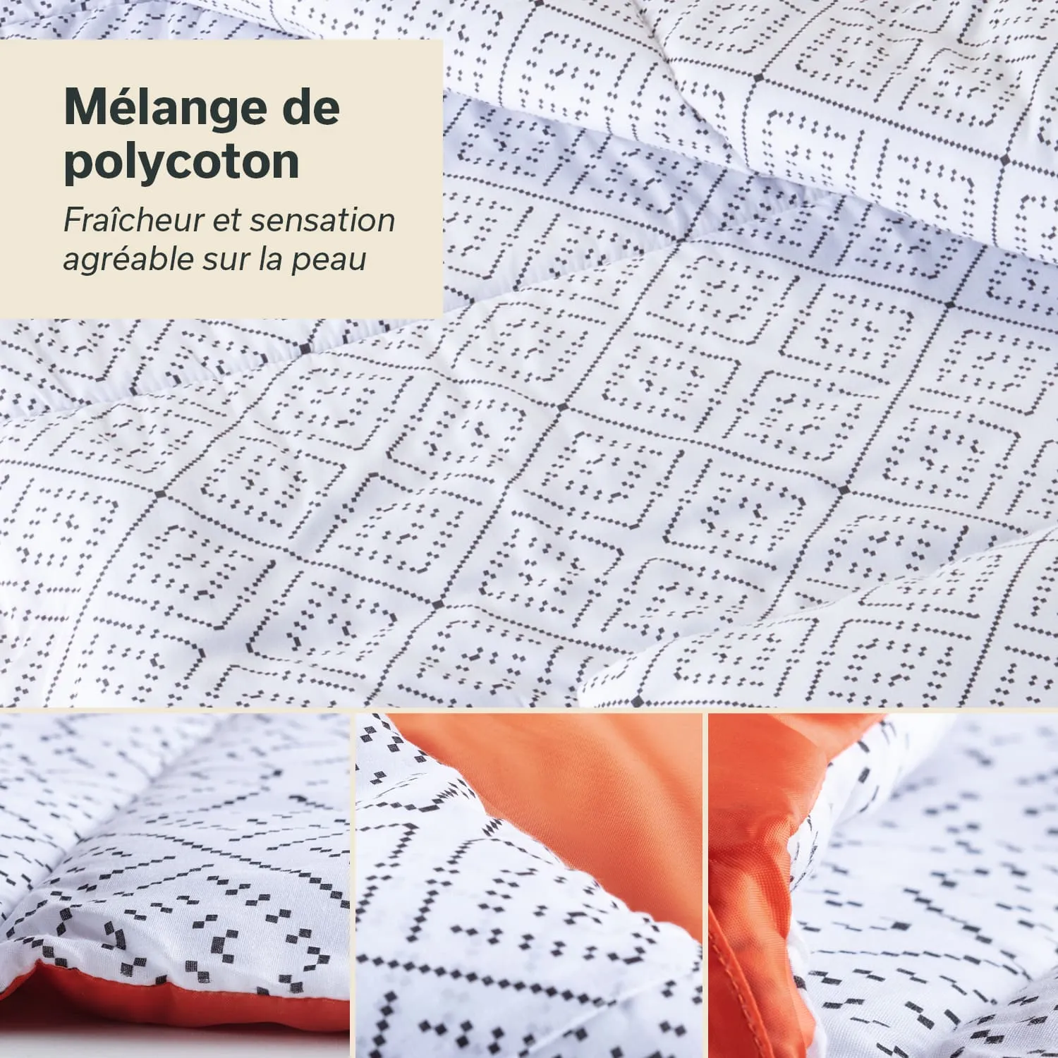 Polyester-Bettdecke in Weiß mit schwarzem, geometrischem Muster und orangefarbener Unterseite. Aus Poly-Cotton-Mischung.