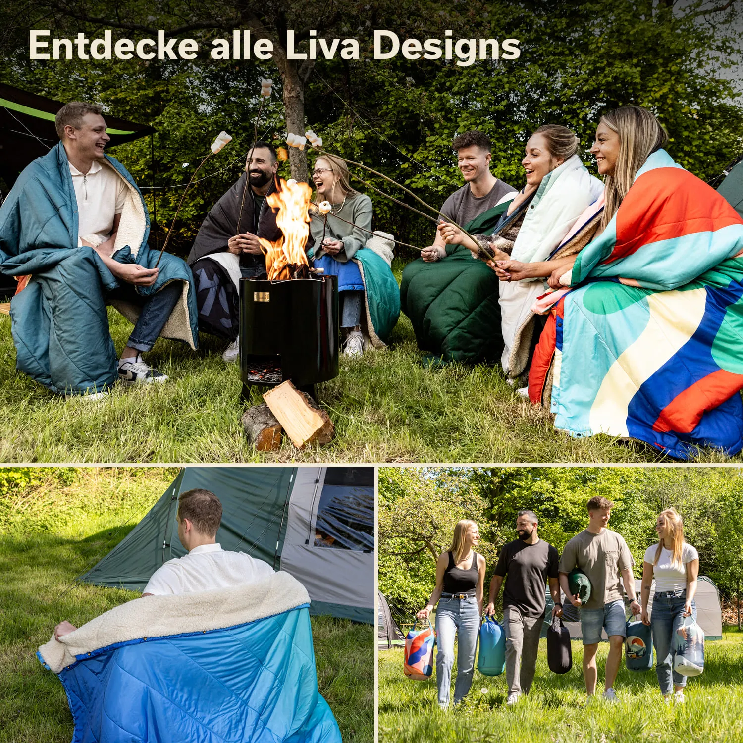 Gruppe von sechs Personen in Outdoor-Decken um ein Feuer, das in einem schwarzen Feuerstelle brennt. Tempelzelt im Hintergrund, weitere Personen mit Taschen.
