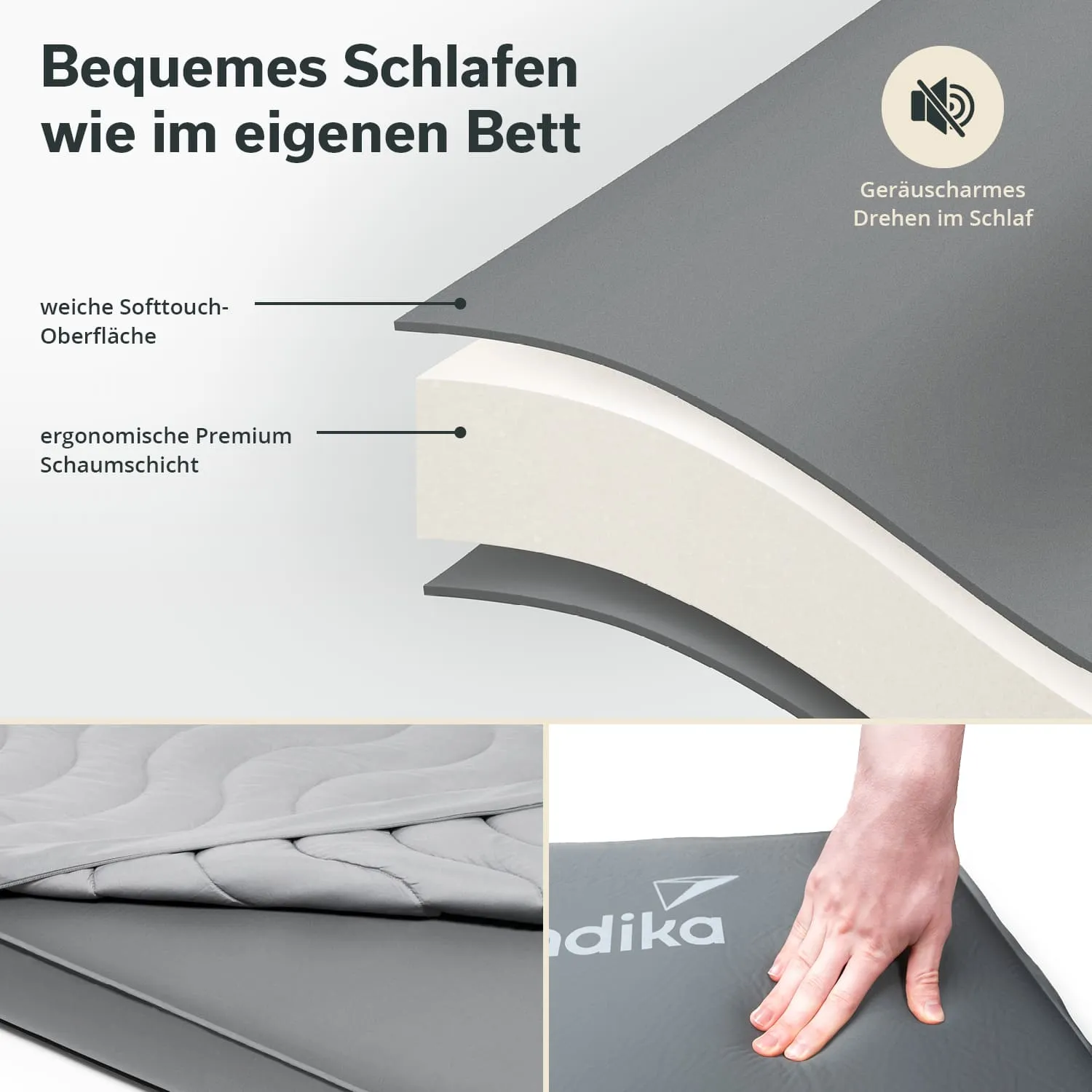 Graue Matratze mit Softtouch-Oberfläche und ergonomischer Schaumstoffschicht. Hand berührt die Matratze.