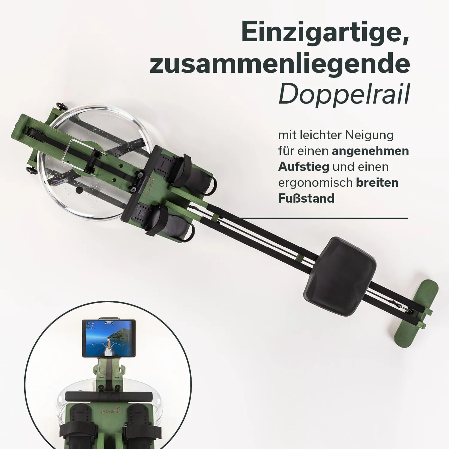 Rudergerät mit glattem, grünem Rahmen und transparentem Wassertank. Abgebildet von oben mit Sitz, Fußstützen und Halterung für ein Tablet.