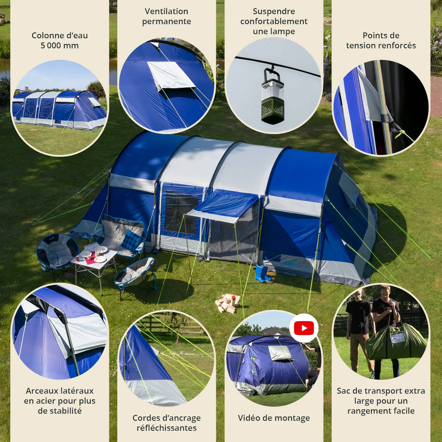 Ein großes, blau-weißes Zelt steht auf einer Wiese. Neben dem Zelt stehen zwei Klappstühle und ein Tisch mit Snacks. Es sind weitere Details zu Zeltmerkmalen abgebildet.