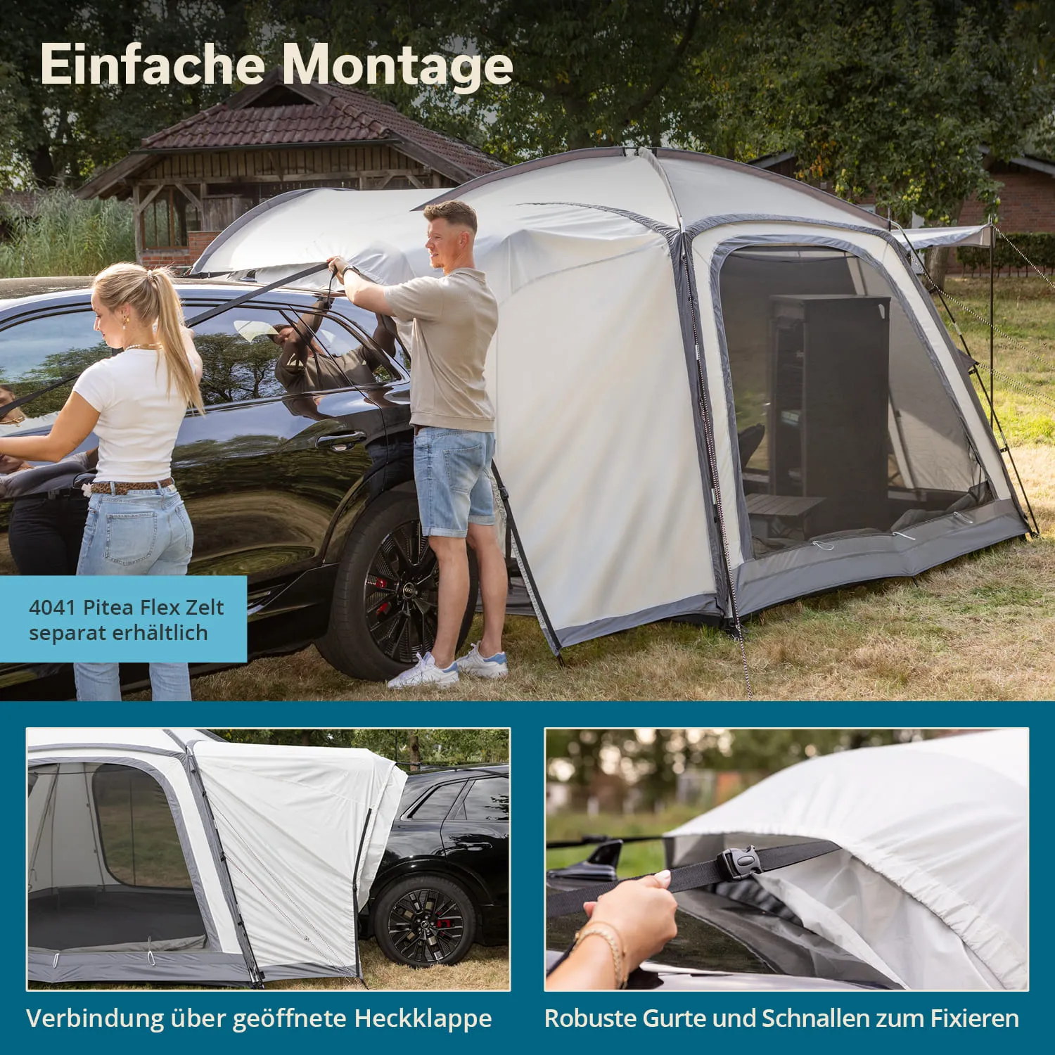 Zelt mit geöffneter Heckklappe eines Autos. Eine Person montiert das Zelt, eine weitere steht daneben.