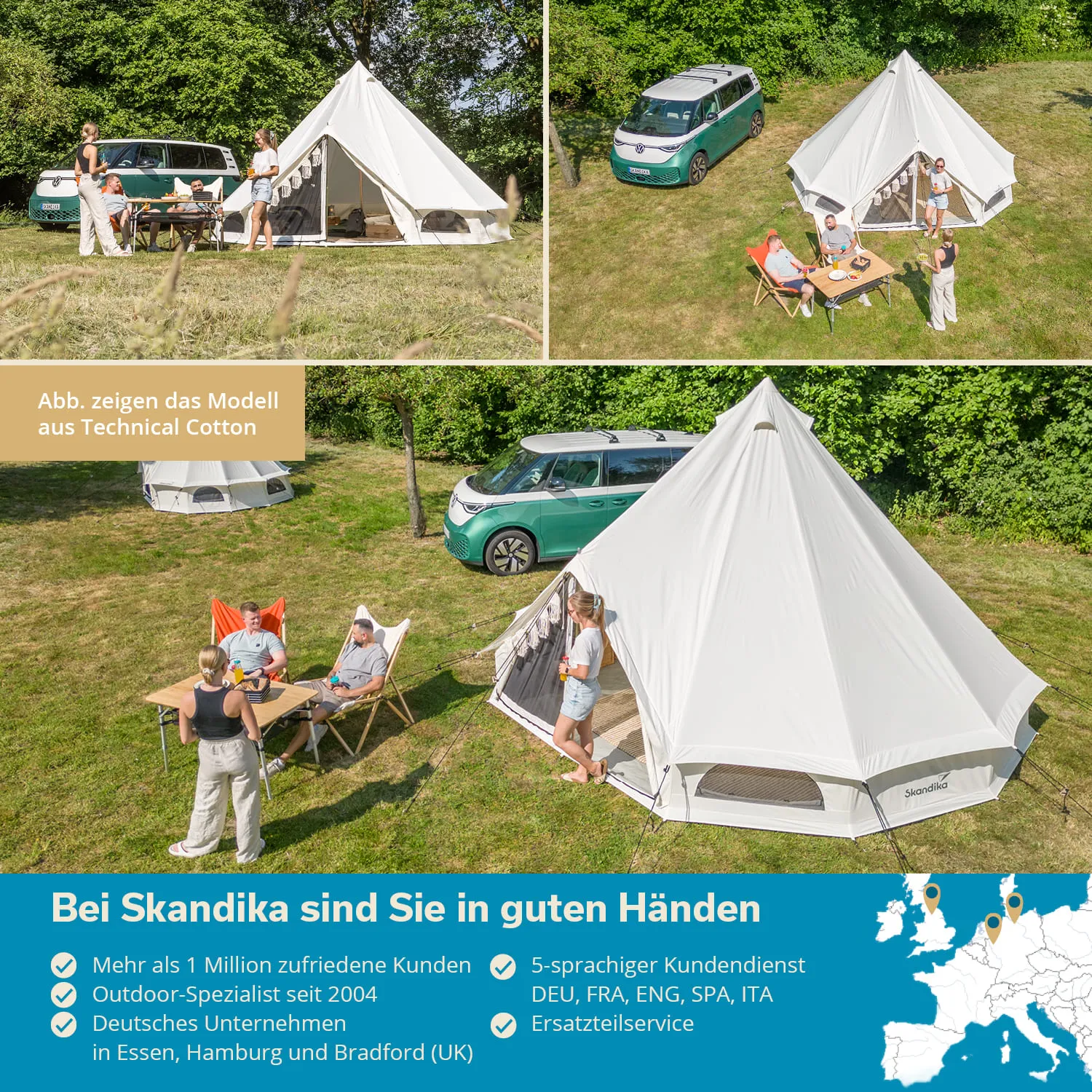 Ein großes, weißes Zelt steht auf einer Wiese. Umgeben sind Menschen, die an einem Tisch sitzen. Ein grünes Auto parkt in der Nähe. Bäume im Hintergrund.