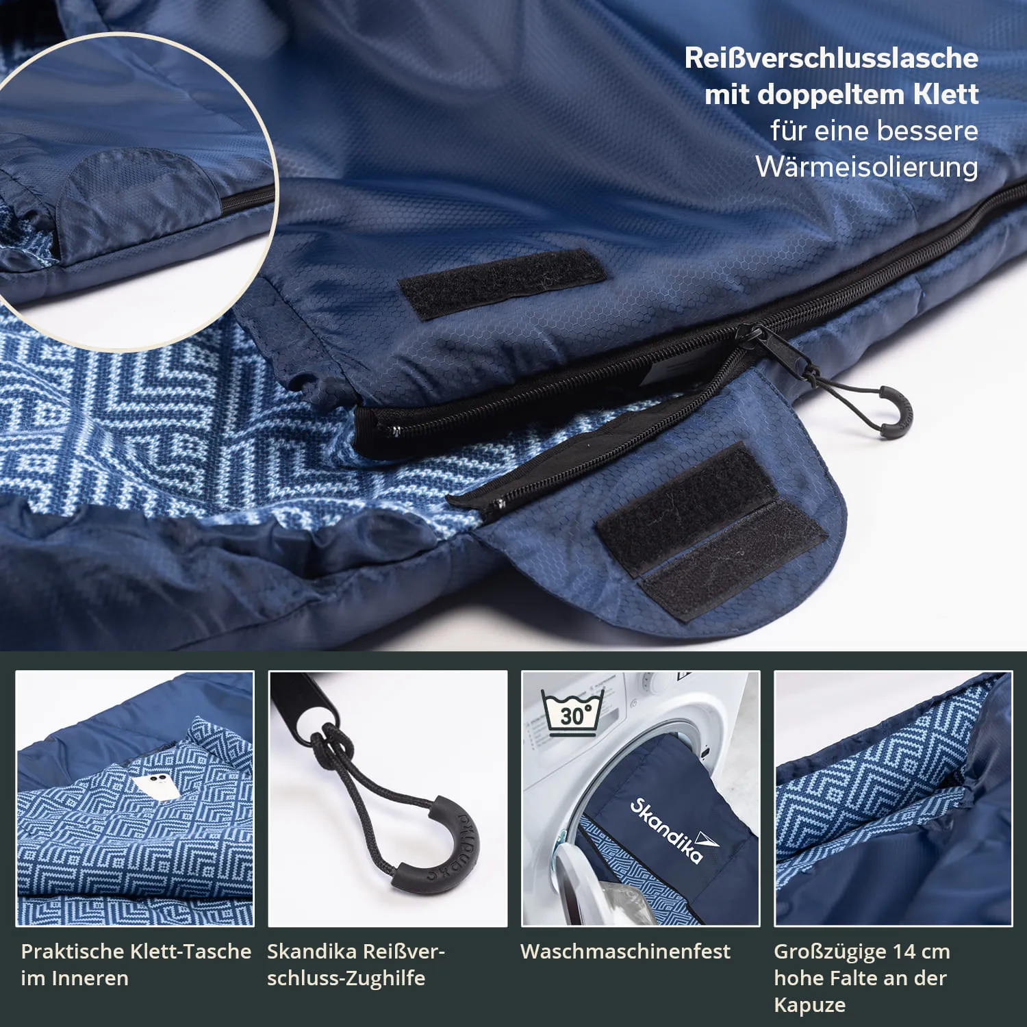 Detailansicht eines blauen Schlafsacks mit Reißverschluss und Klettverschluss sowie Innenmuster und Taschen.