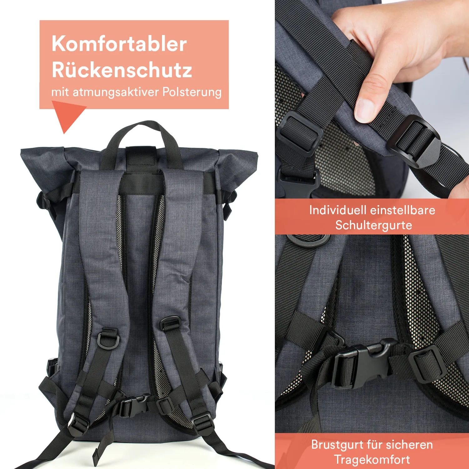 Rucksack mit atmungsaktiver Polsterung, individuell einstellbaren Schultergurten und Brustgurt für Tragekomfort.
