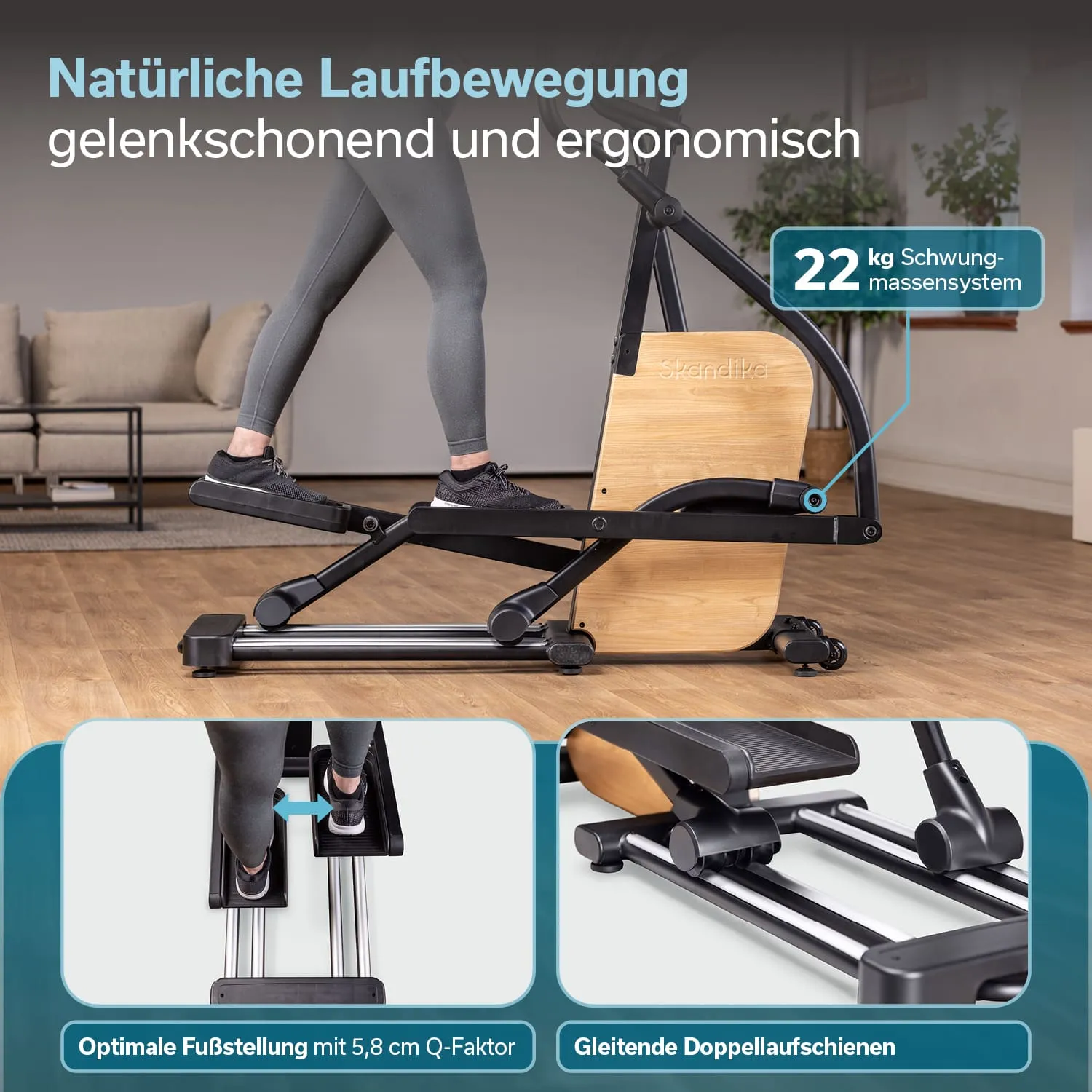 Ein Ellipsentrainer mit einer Person in Sportkleidung. Untere Bildhälfte zeigt Details wie die Fußstellungen und die Gleitschienen.
