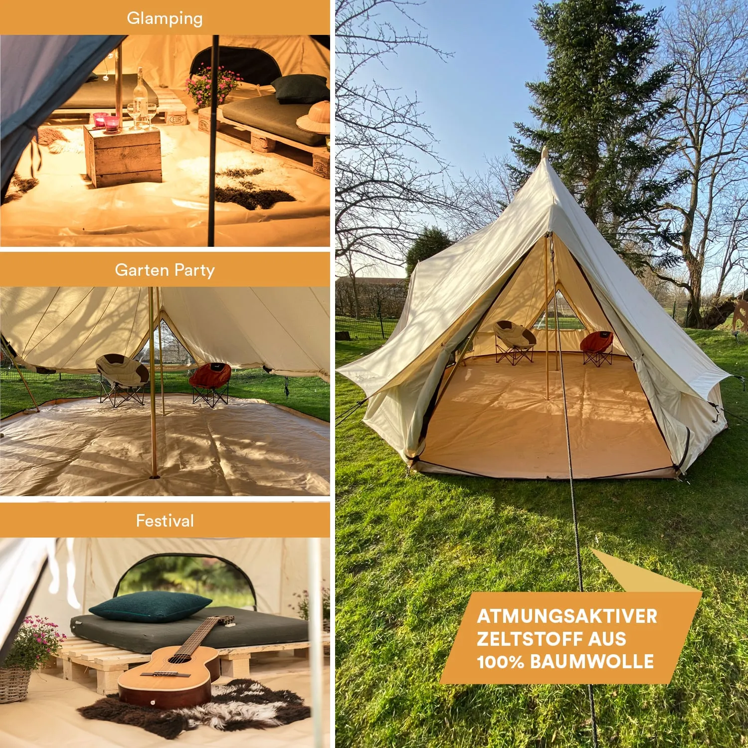 Zelt mit verschiedenen Nutzungsmöglichkeiten: Glamping-Innenansicht, Gartenparty im Freien und Festival-Ambiente, umgeben von Bäumen.