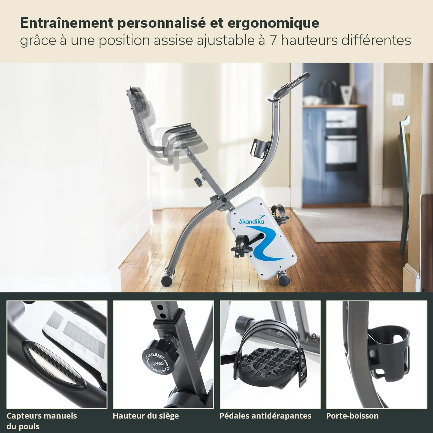 Ergonomisches Fitnessgerät mit verstellbarem Sitz, Pedalen und Halterung für Getränke. In einem ansprechend belassteten Raum abgebildet.