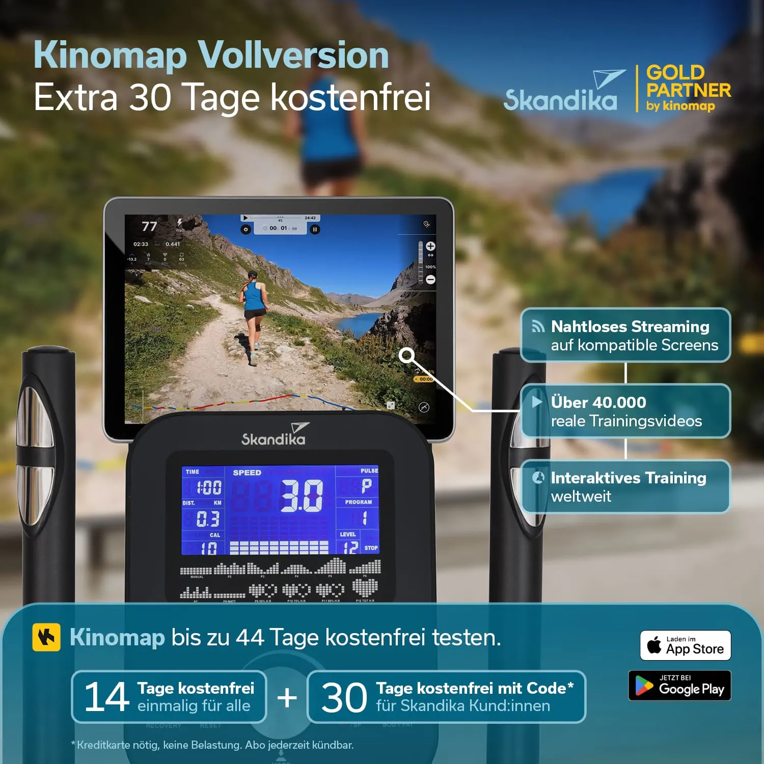 Das Bild zeigt ein Fitnessgerät mit einem Bildschirm, auf dem ein Laufvideo abgespielt wird. Darunter sind Informationen zu einem Trainingsprogramm von Skandika sowie zu einem kostenfreien Testangebot abgebildet.
