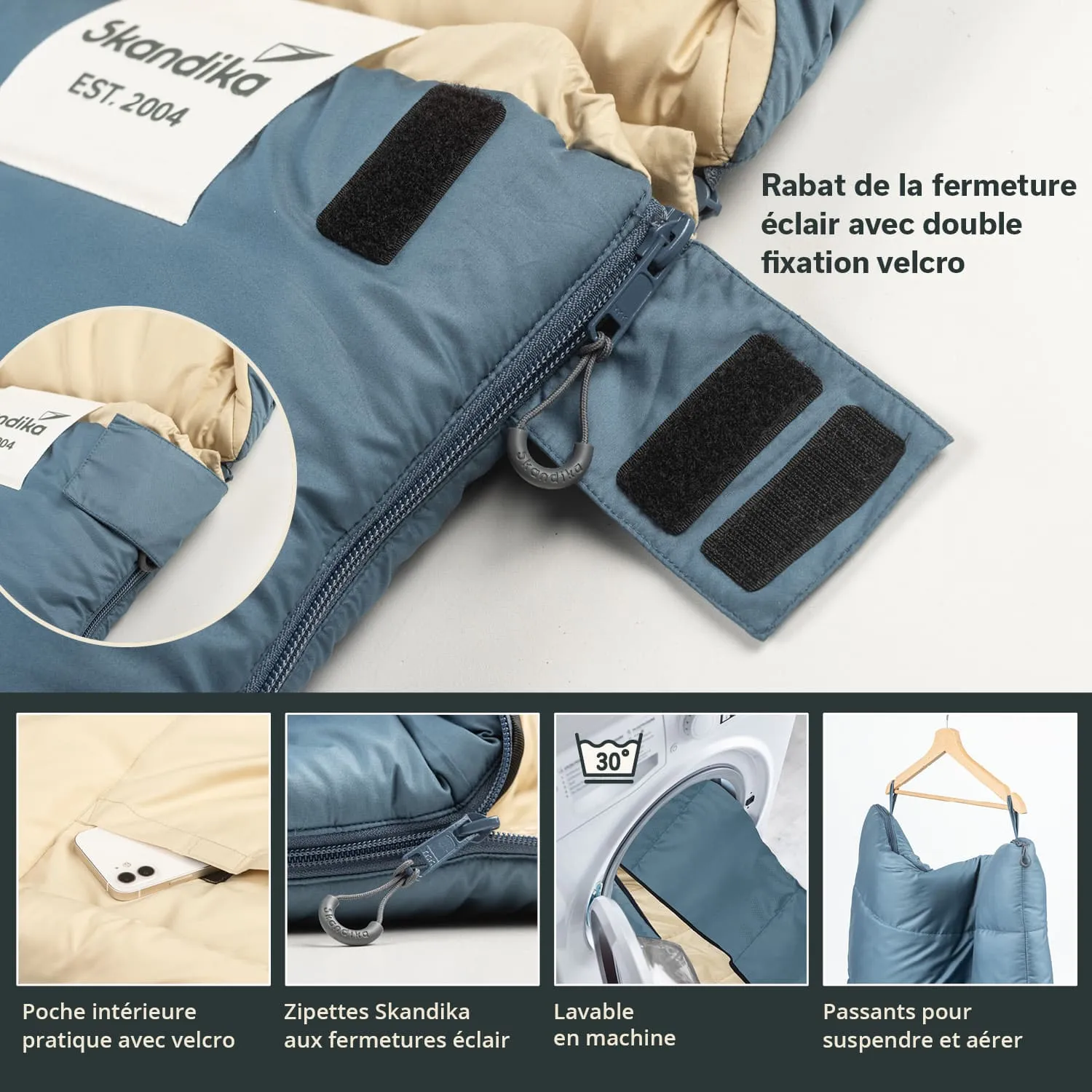 Blau gefärbter Schlafsack mit einem beigen Innenfutter, Reißverschluss und Klettverschluss. Einzelne Details sind abgebildet, darunter eine Innentasche und Hinweise zur Maschinenwäsche.