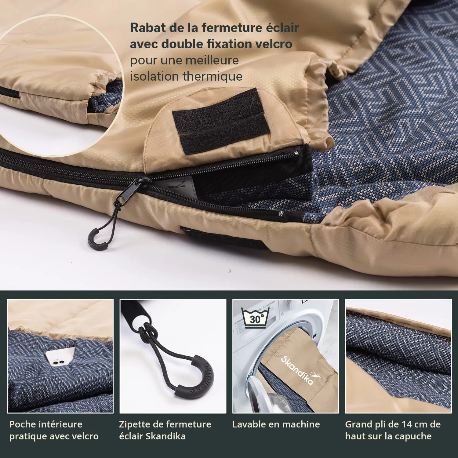 Schlafsack mit beige-farbenem Außenmaterial, Reißverschluss und Innenfutter in Blau mit geometrischem Muster. Zeigt Details wie eine Innentasche, Waschsymbol und Kordelzug.