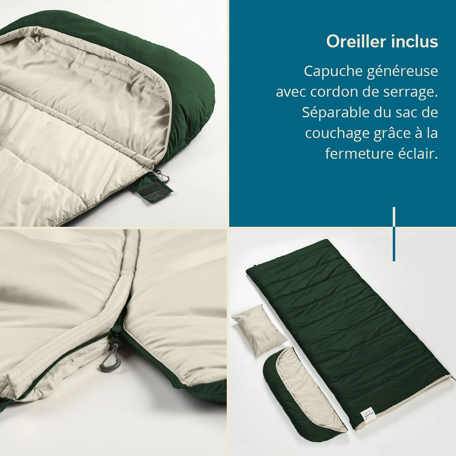 Schlafsack in Olivgrün mit beigem Innenfutter, inklusive abnehmbarer Kappe und Kopfkissen. Detailansicht von Reißverschluss und Kissen.