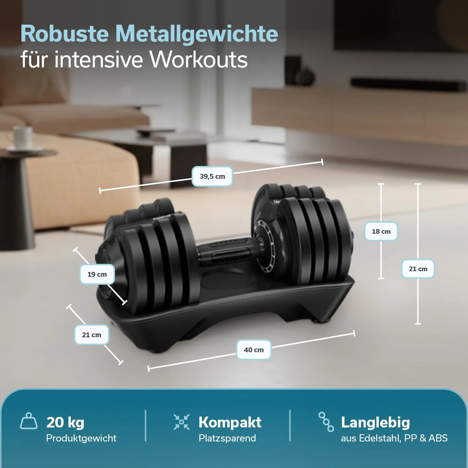Metallgewichte in Schwarz auf einer Fläche, umgeben von einer modernen Wohnumgebung. Maße und Produktinformationen sind angegeben.
