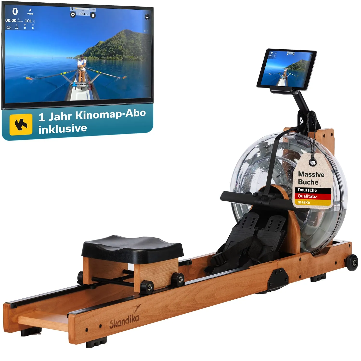 Rudermaschine in Holzoptik mit Wasserrad, Bildschirm mit Ruder-Szene und Hinweis auf ein Abo.