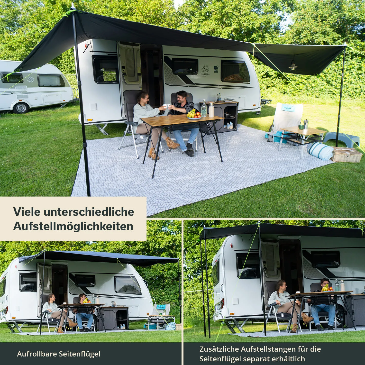 Zelt mit Sonnenschutz über Tisch und Stühlen im Freien, umgeben von Rasen und Bäumen. Wohnwagen im Hintergrund.