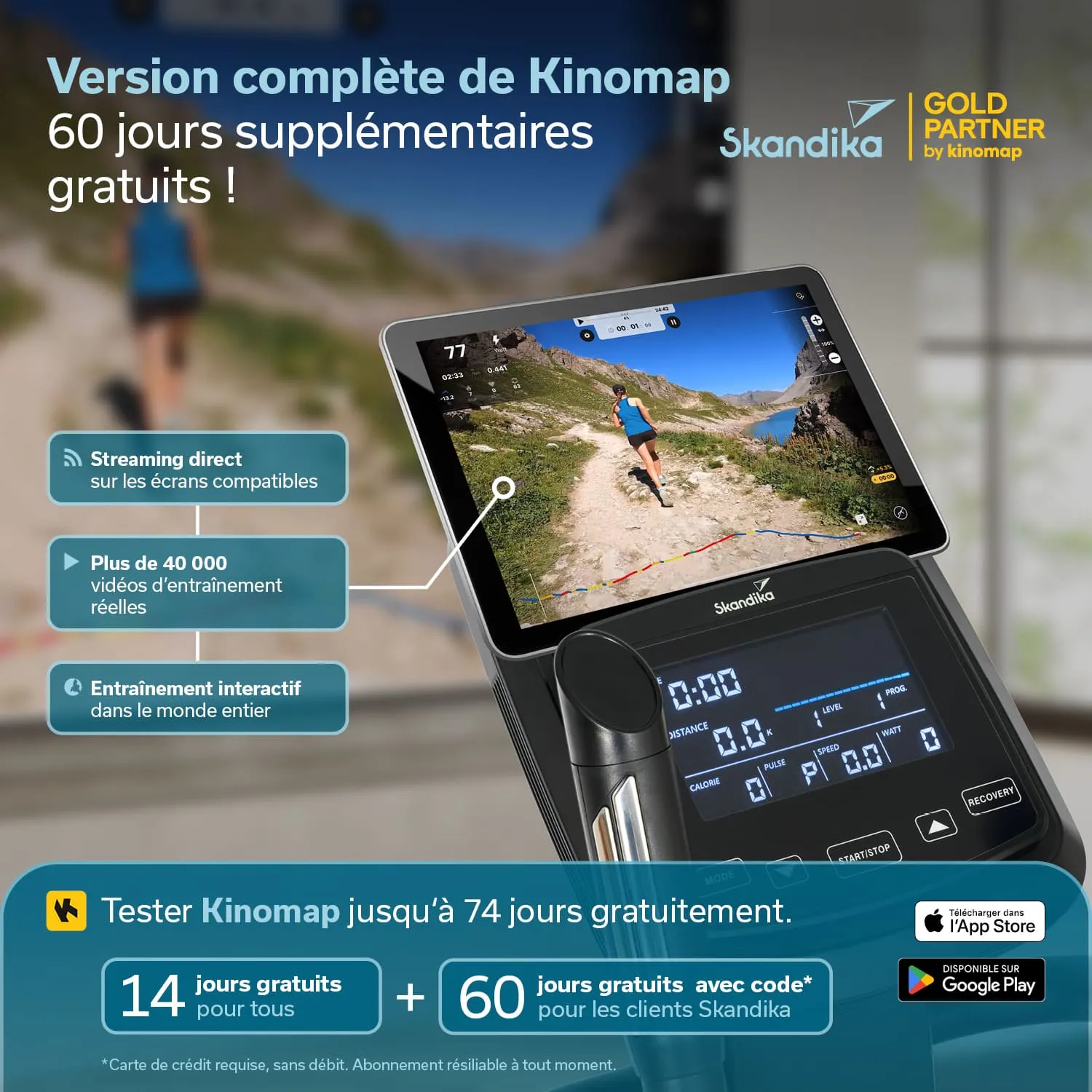 Screenshot einer Fitness-App-Anzeige mit einem Tablet, das eine Laufstrecke zeigt, und Informationen zu den Funktionen von Kinomap.