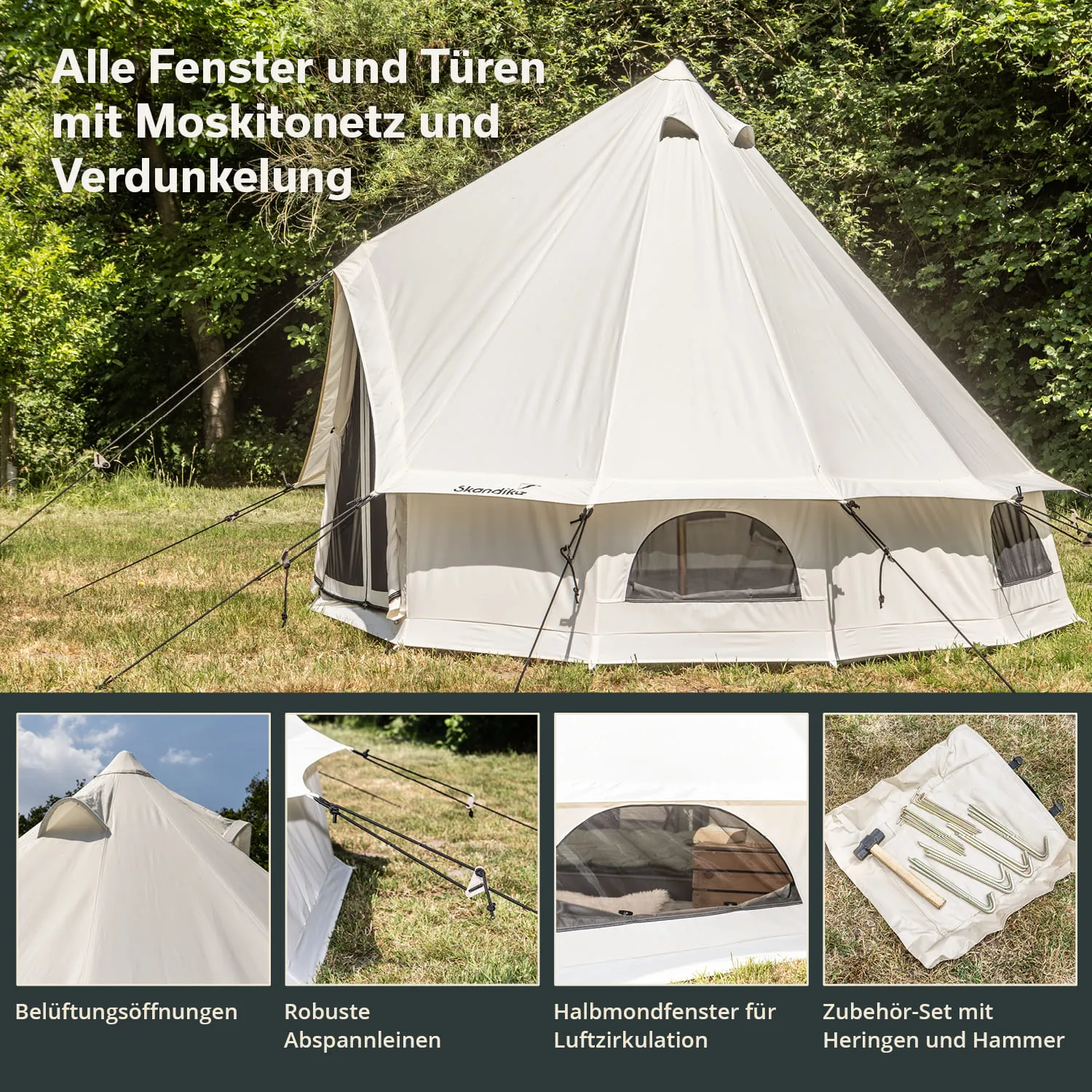 Zelt mit spitzem Dach und runden Fenstern in der Natur, umgeben von Bäumen. Zusätzlich Detailaufnahmen von Zeltfunktionen.