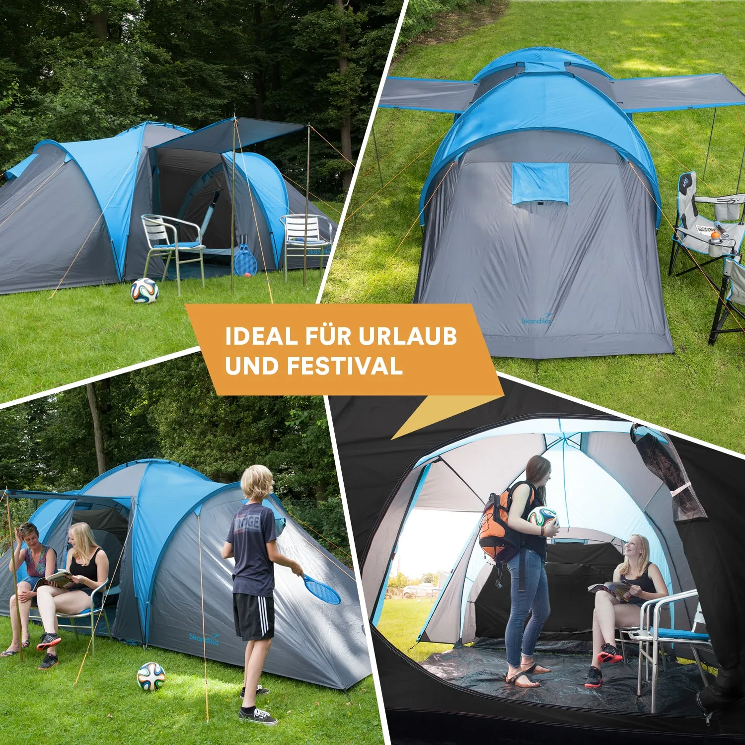Vier Zelte in einer grünen Wiese mit blauen und grauen Farben. In einem Zelt sitzen Personen, in einem anderen steht jemand mit einem Ball. Zwei Klappstühle sind sichtbar.