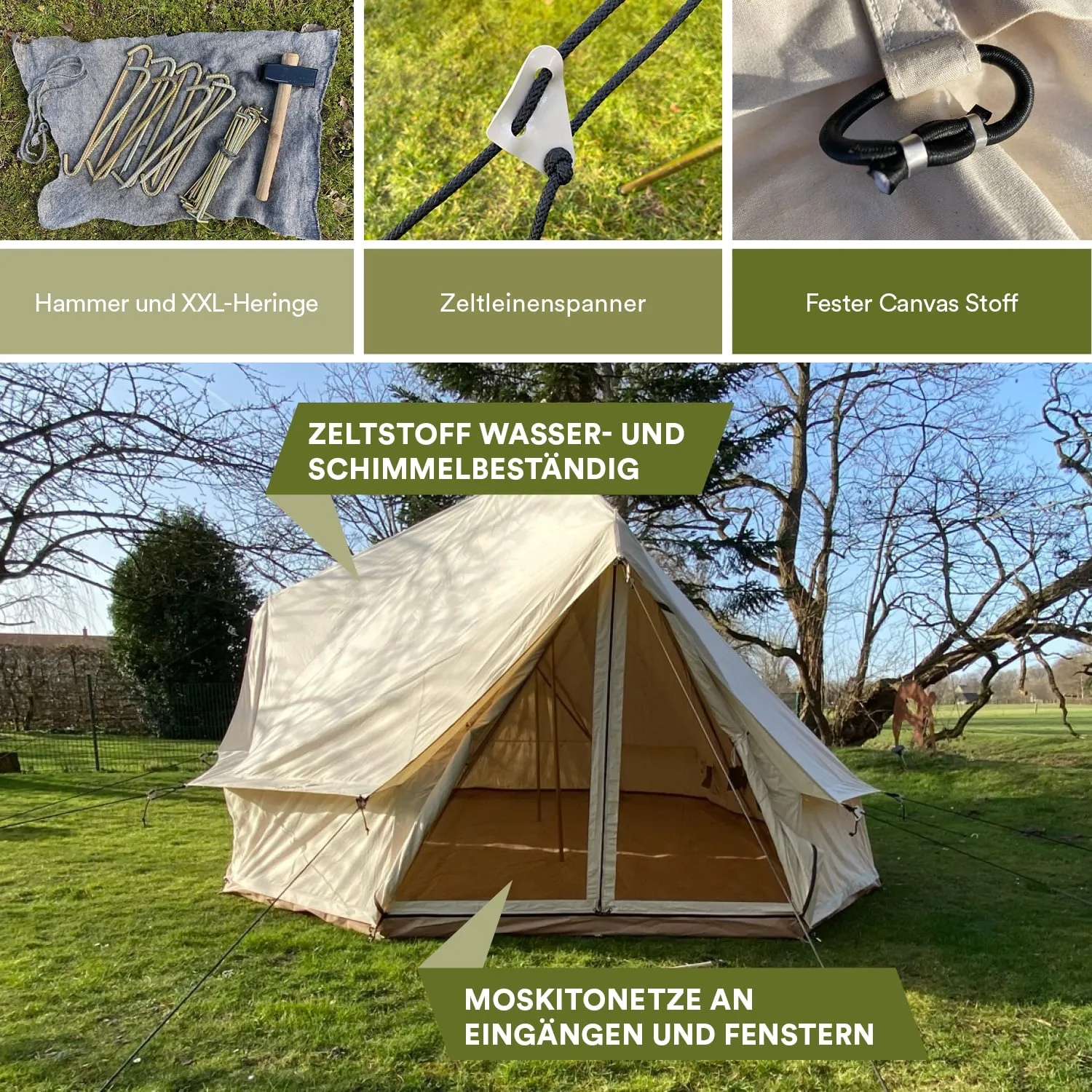 Zelt auf einer Wiese mit Zeltmaterialien wie Heringen, Hammer und Leinenspanner. Hinweise zu Materialeigenschaften.