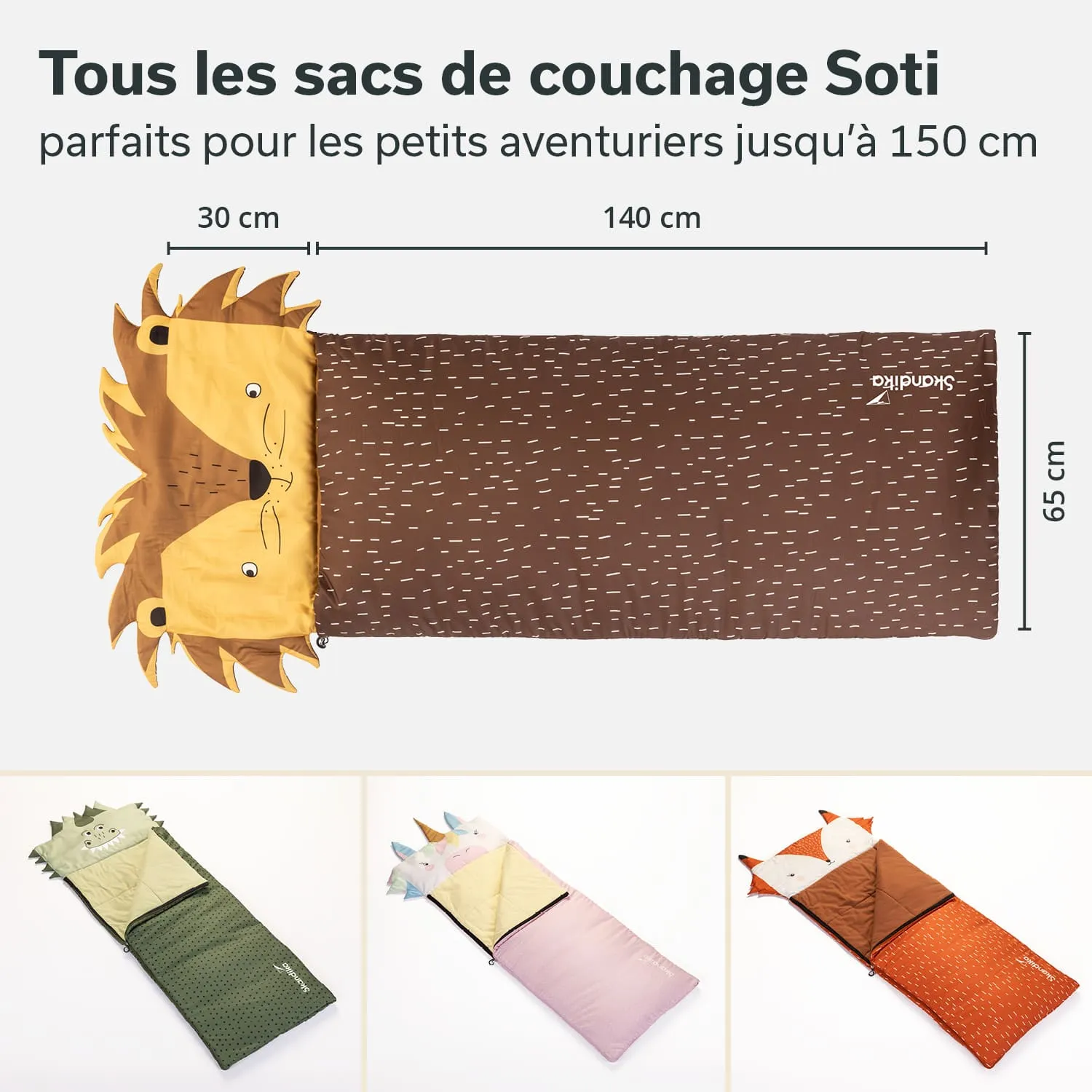 Schlafsäcke in Tierdesign: Ein Löwe, ein grüner Drache und ein Fuchs. Maße und Details sind sichtbar.