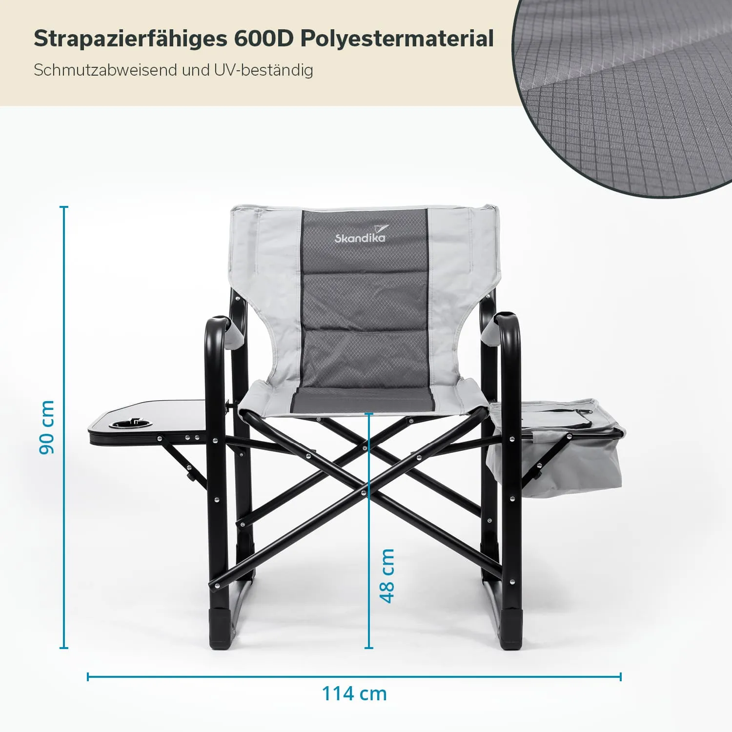 Faltstuhl aus strapazierfähigem Polyester mit abnehmbarem Beistelltisch. Maße: Höhe 90 cm, Breite 114 cm, Tiefe 48 cm.