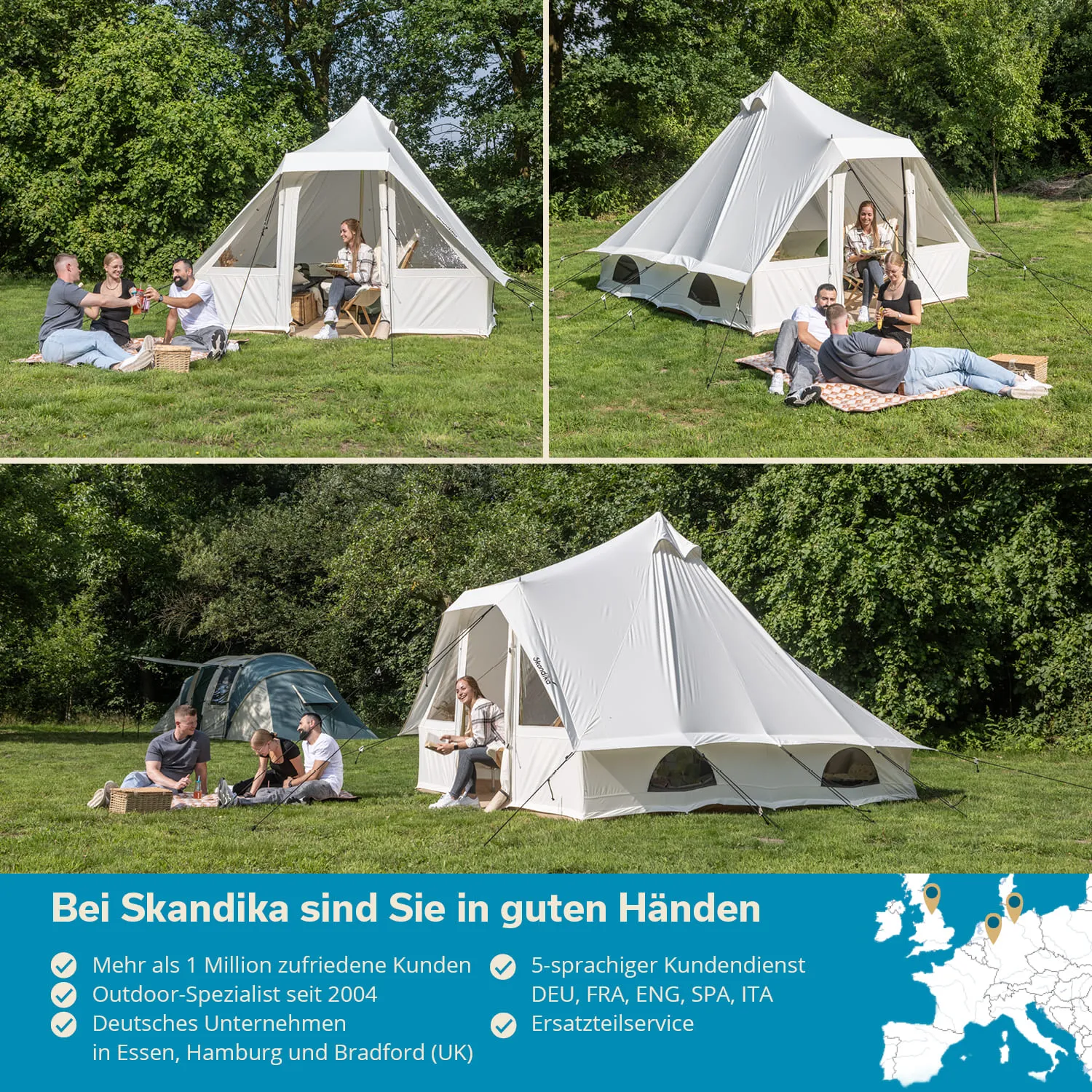 Drei Bildausschnitte zeigen weiße Zelte in einer Wiese. Personen entspannen, genießen ein Picknick und unterhalten sich.