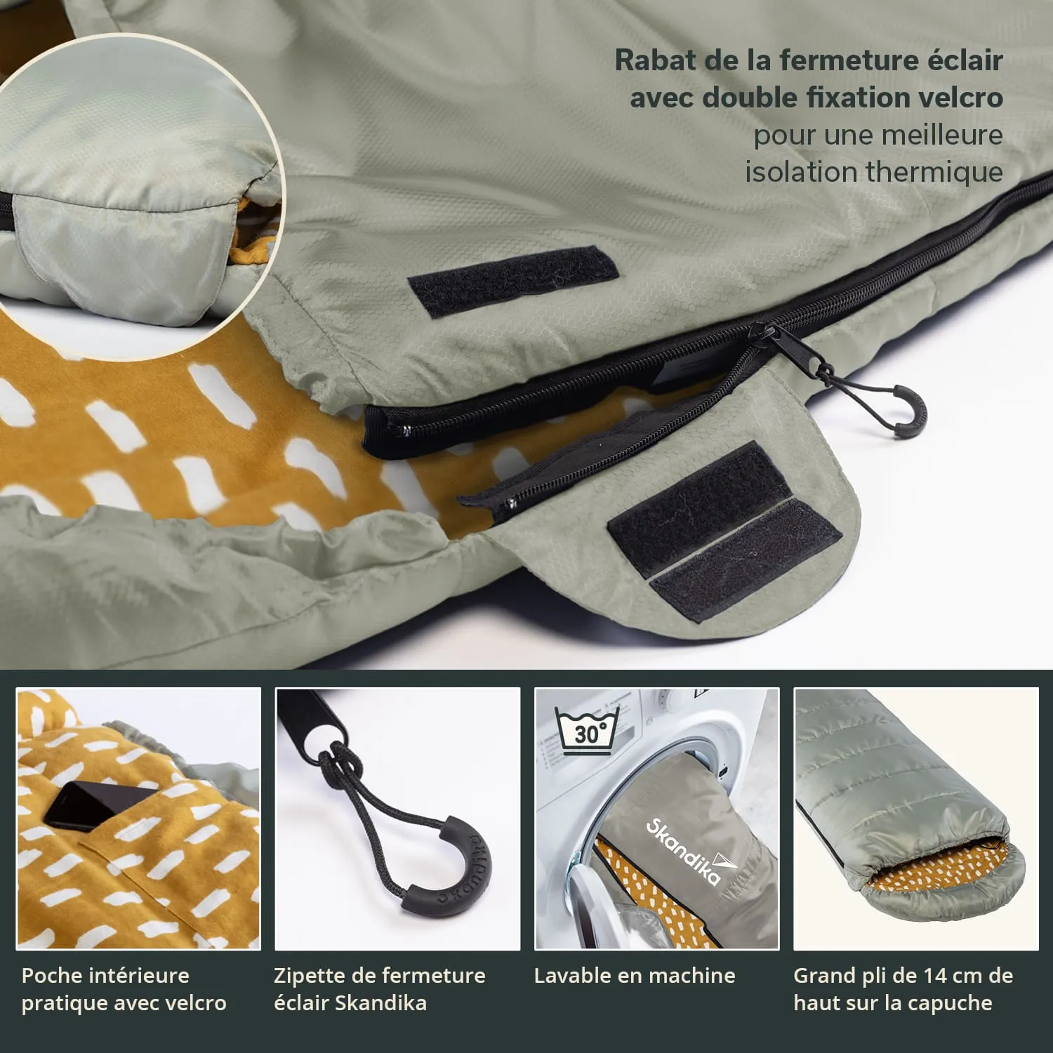 Schlafsack mit grünem Außenmaterial, orangefarbener Innenseite und Reißverschluss. Details: Klettverschluss und praktische Innentasche.