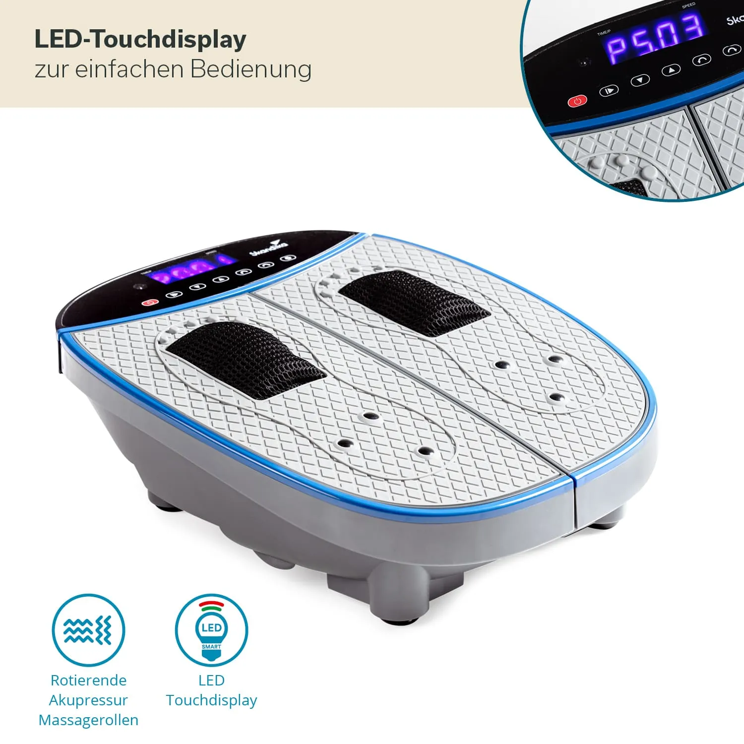 Massagegerät mit rotierenden Akupressur-Massagerollen und LED-Touchdisplay in der Mitte. Farbschema in Blau und Grau.