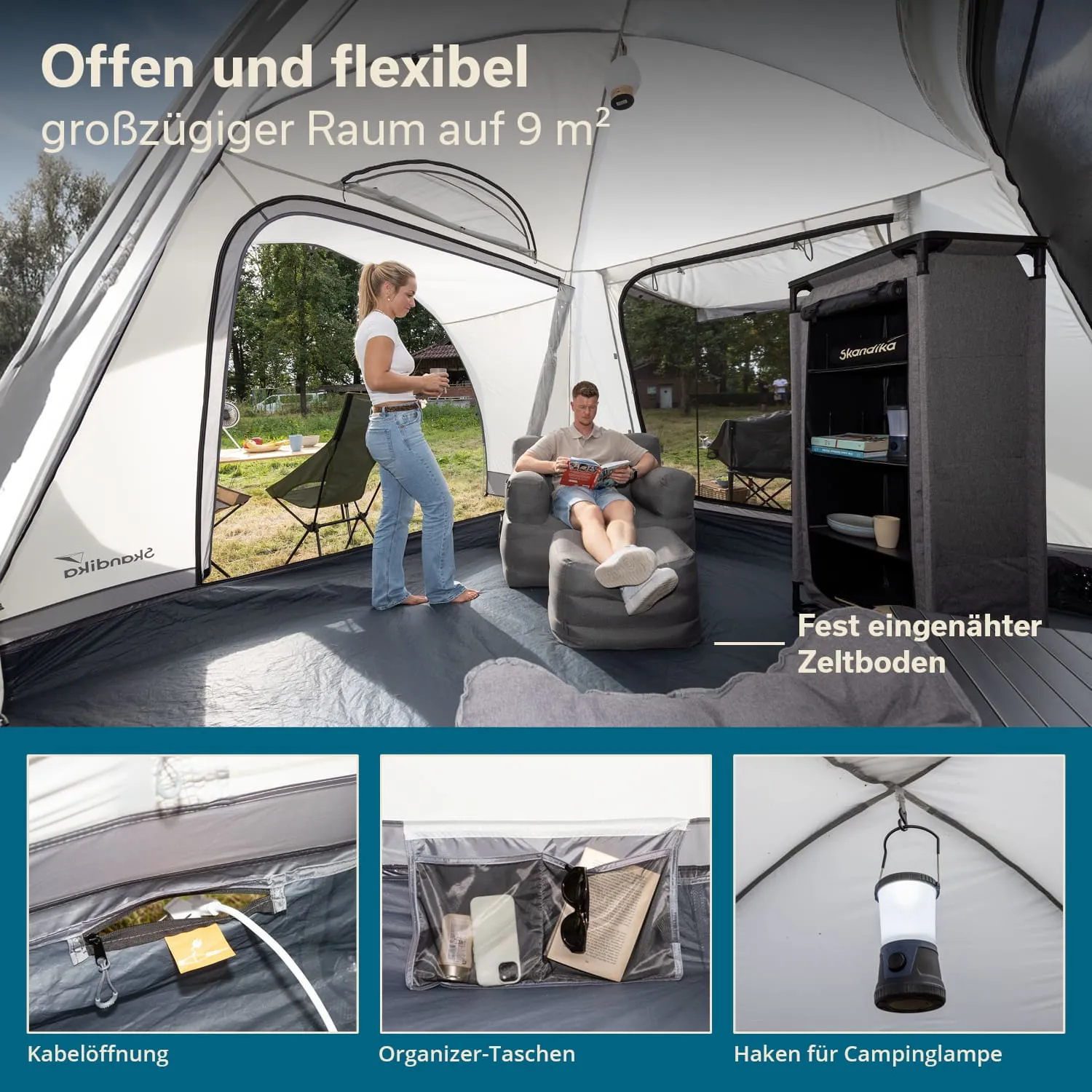 Großzügiges Zelt mit zwei Personen. Eine Person steht und trägt eine Tasse, die andere sitzt auf einem gemütlichen Sessel und liest. Im Hintergrund ist ein Regal und eine Kabelöffnung sichtbar.