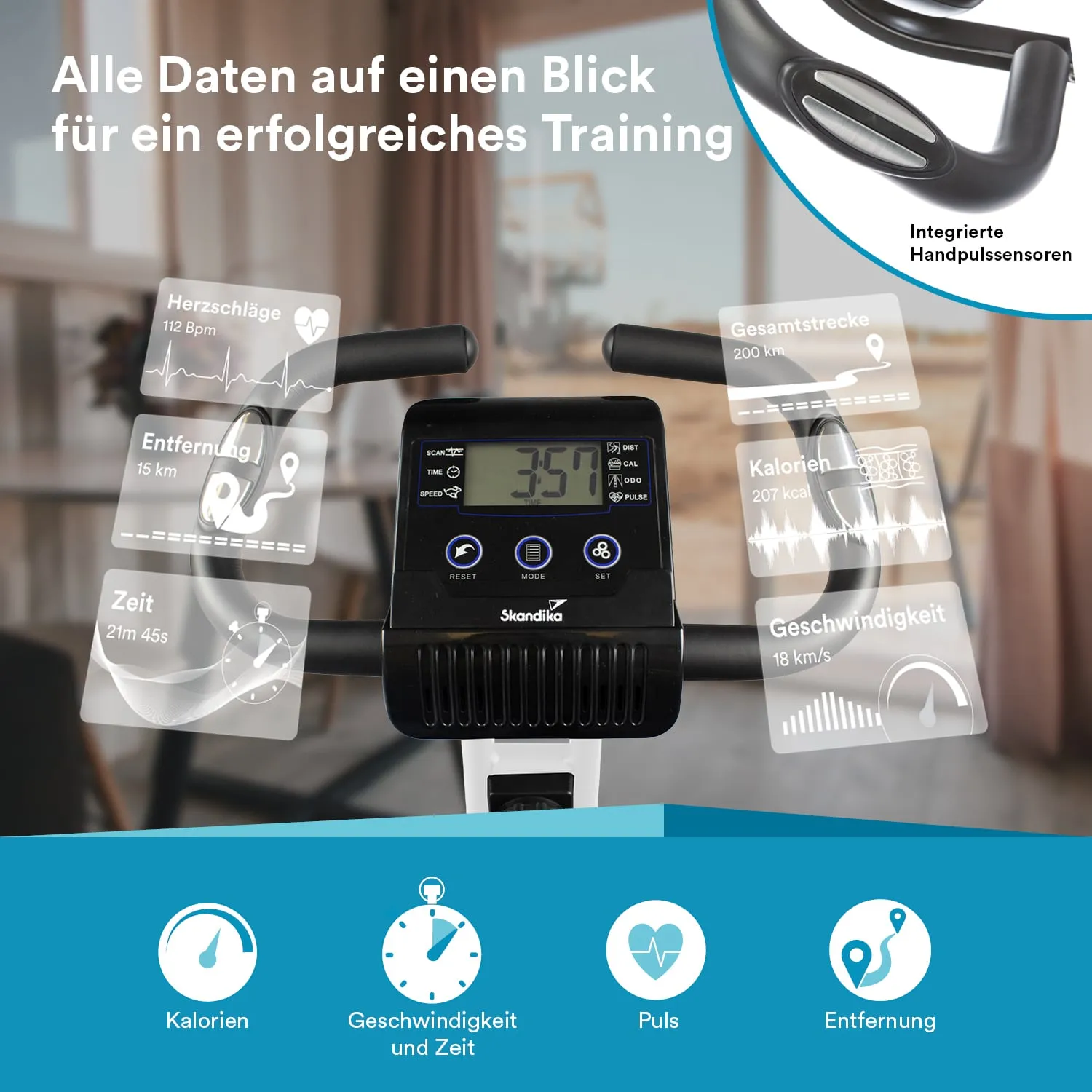 Display eines Trainingsgeräts mit verschiedenen Datenanzeigen wie Herzschlägen, Entfernung, Zeit, Kalorien und Geschwindigkeit.