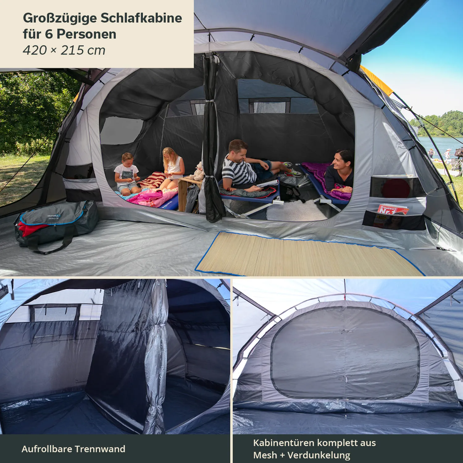 Schlafkabine für 6 Personen, zwei Kinder und zwei Erwachsene innerhalb des Zeltes, Matten und Rucksack sichtbar.