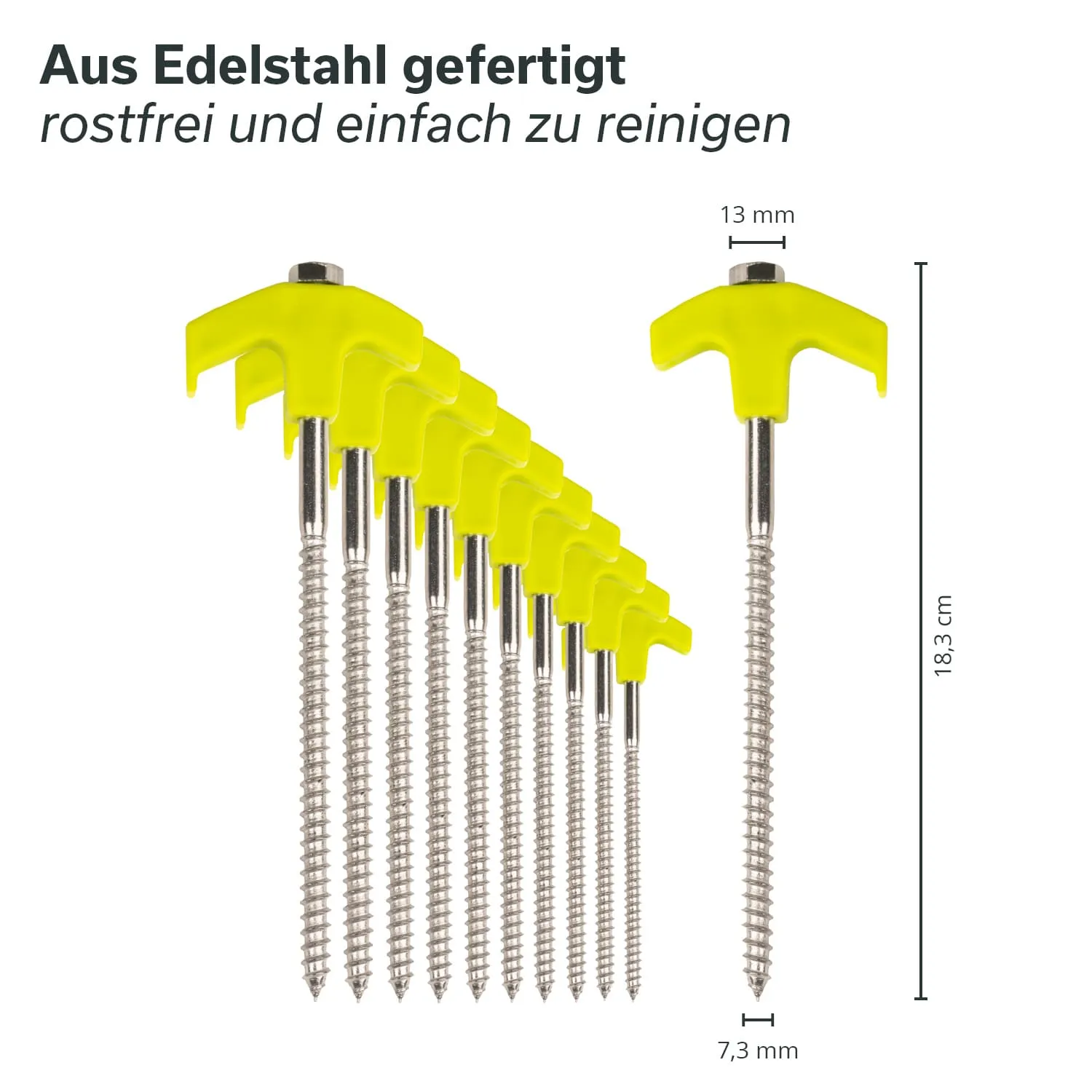 Edelstahlschrauben mit gelben Kopf, angeordnet in einer Reihe. Maße sind 18,3 cm Höhe und 7,3 mm Durchmesser.