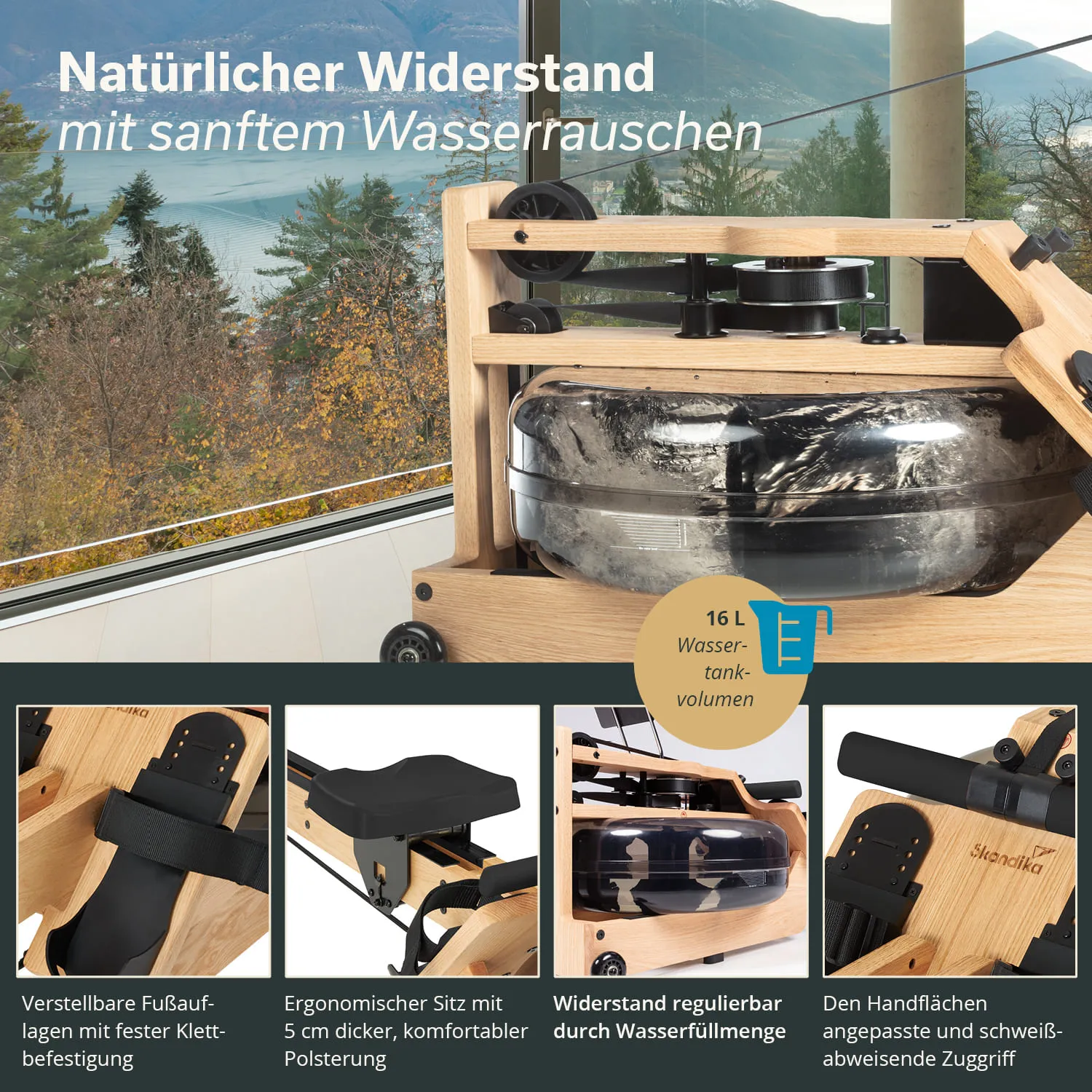 Wasser-Rudergerät aus Holz mit Wasserbehälter. Ergonomischer Sitz, verstellbare Fußauflagen und schweißabweisende Handgriffe.