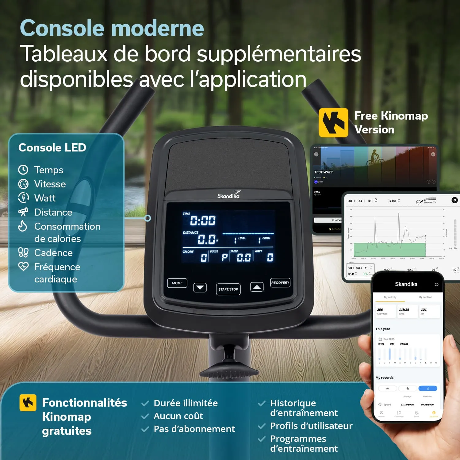 Moderne Trainingskonsole mit LED-Display, zeigt Zeit, Geschwindigkeit, Distanz, Kalorienverbrauch und Herzfrequenz. Smartphone und Tablet zeigen zusätzliche Daten.