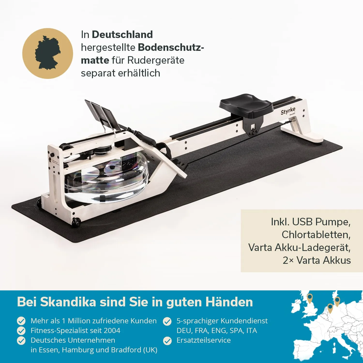 Rudergerät auf einer schwarzen Bodenschutzmatte. Zubehör wie USB-Pumpe, Chlortabletten und Ladegerät sind aufgeführt.