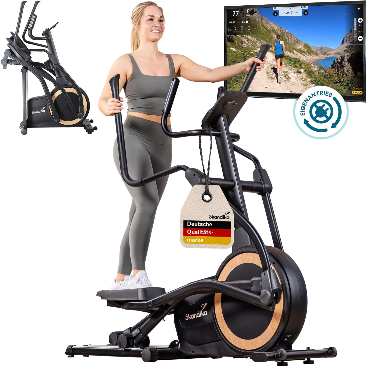 Ellipsentrainer mit einer Person, die in Sportkleidung trainiert. Im Hintergrund ein Bildschirm mit einer Landschaft.