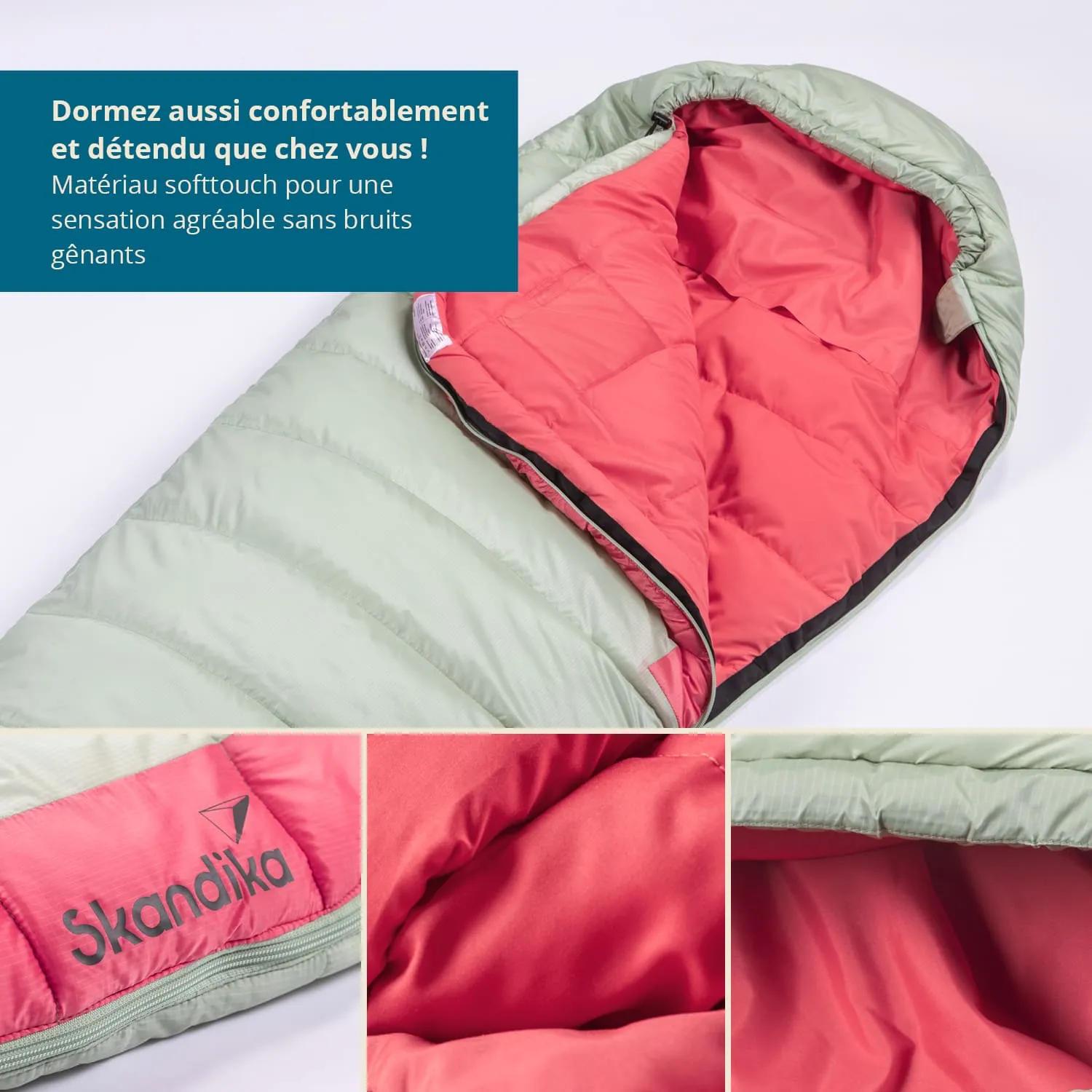 Schlafsack in grün und pink, teilweise geöffnet, mit einem Logo. Text beschreibt Komfort und Materialeigenschaften.