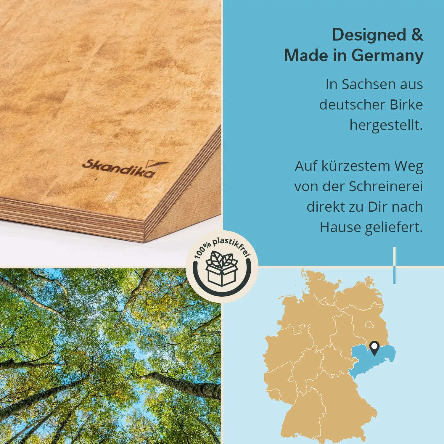 Holzplatte aus Birke mit Skandika-Logo, Text über Herstellung in Deutschland, darauf Baumkronen und eine Karte Deutschlands.