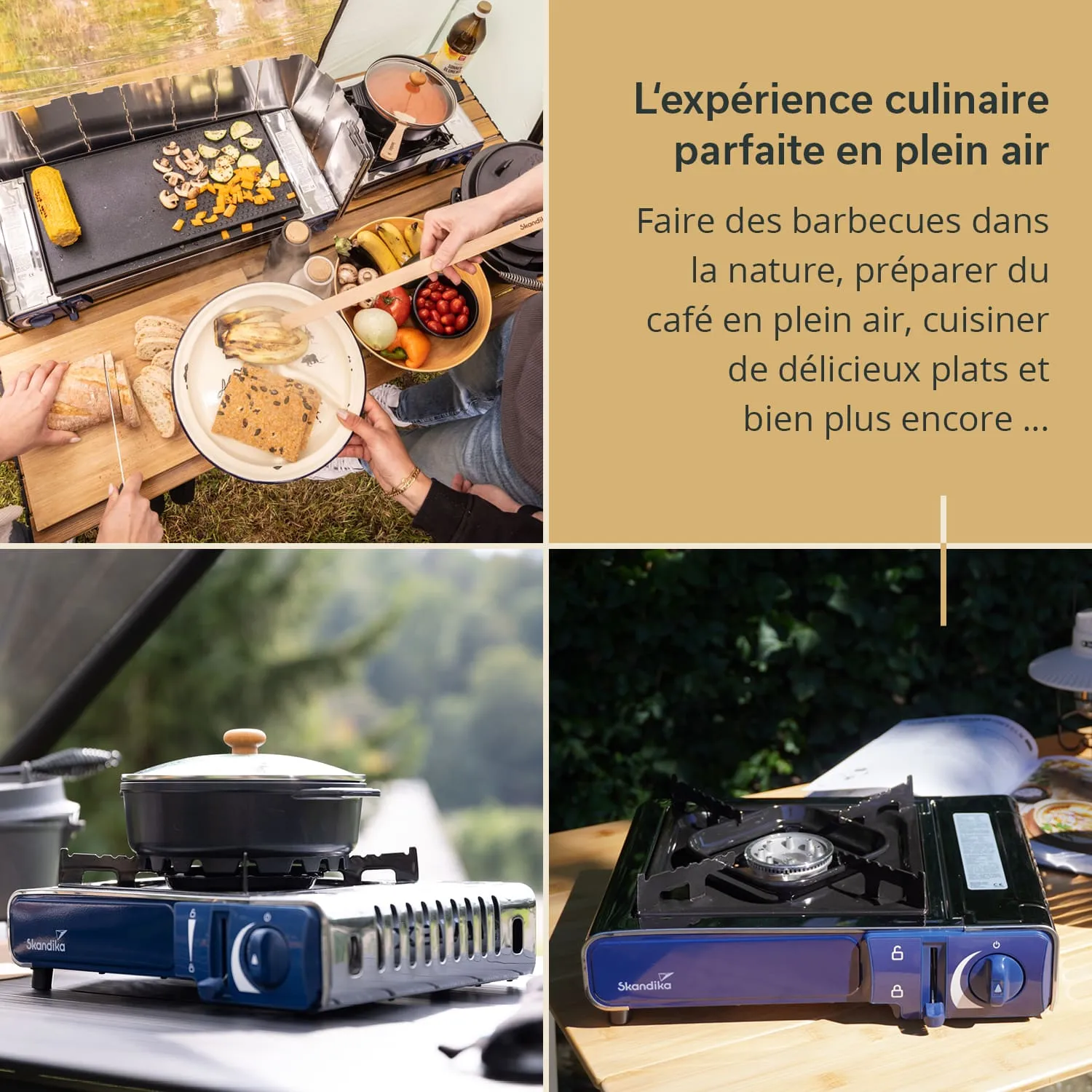 Zwei Bereiche: Oben eine Outdoor-Küche mit Grill, Gemüse und Früchten. Unten zwei Gaskocher mit einem Topf.