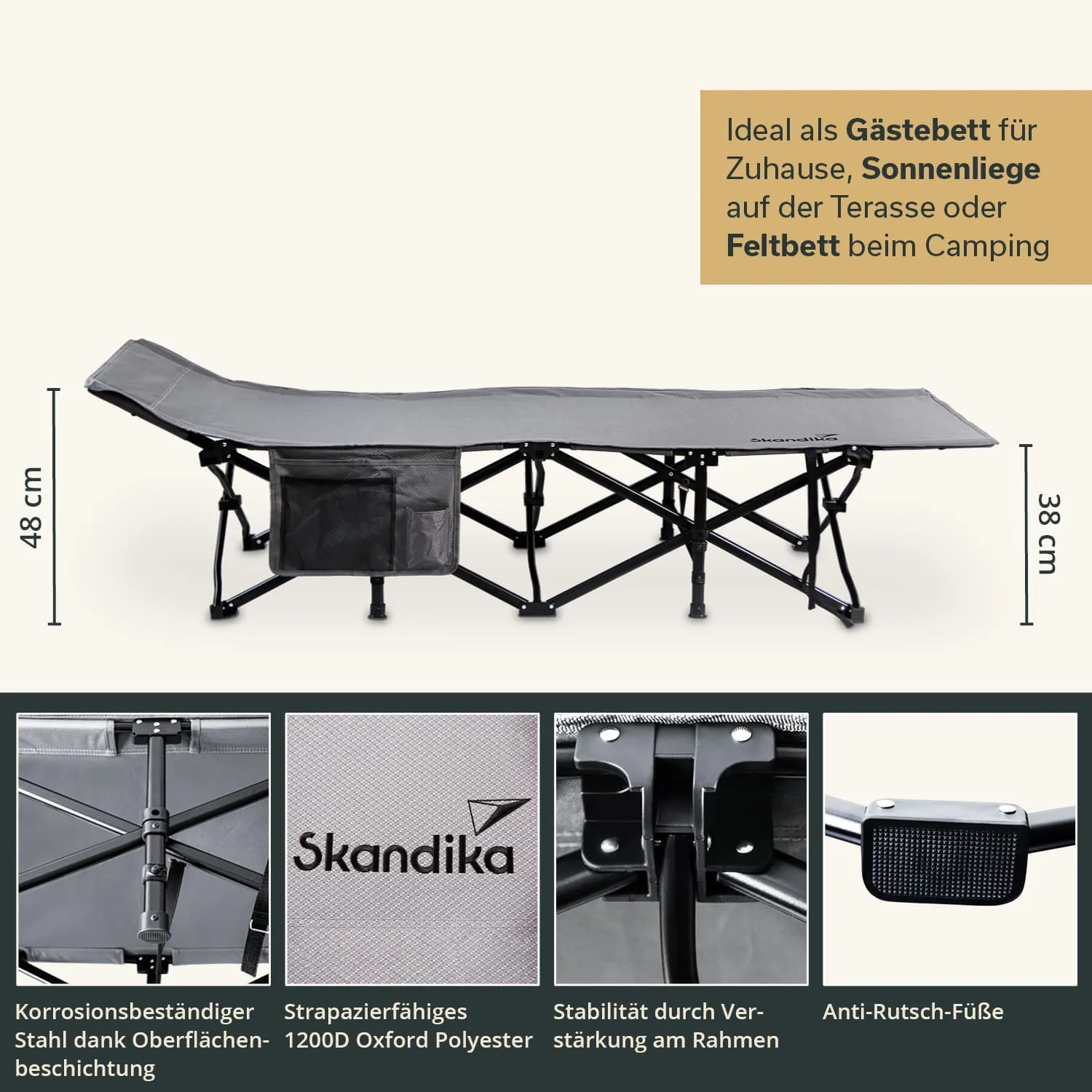 Faltbares Bett aus grauem Stoff mit schwarzem Gestell, Seitenfach und abgerundeten Kanten. Maße: 48 cm hoch, 38 cm breit.