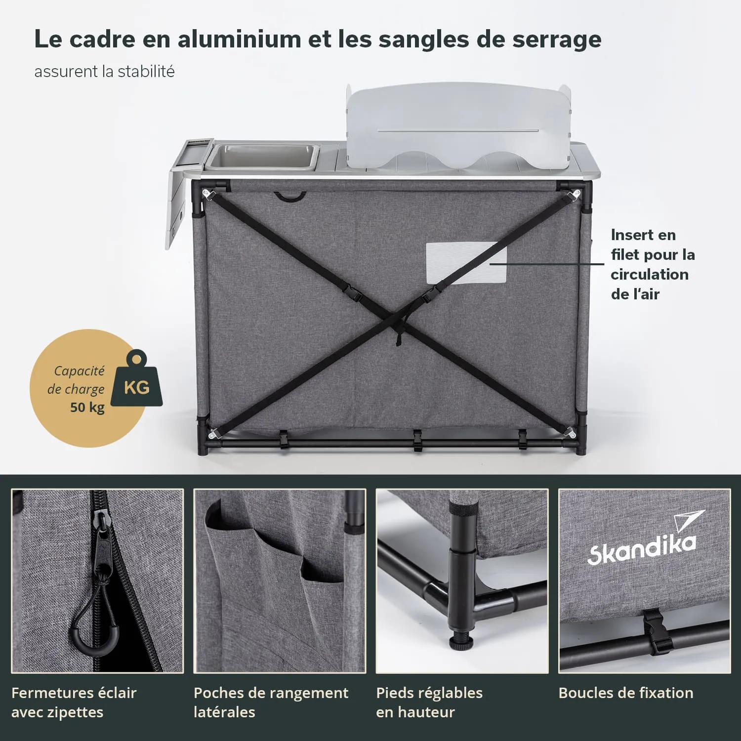 Graue, faltbare Ablage mit Aluminiumrahmen, seitlichen Taschen und verstellbaren Füßen. Kapazität 50 kg.