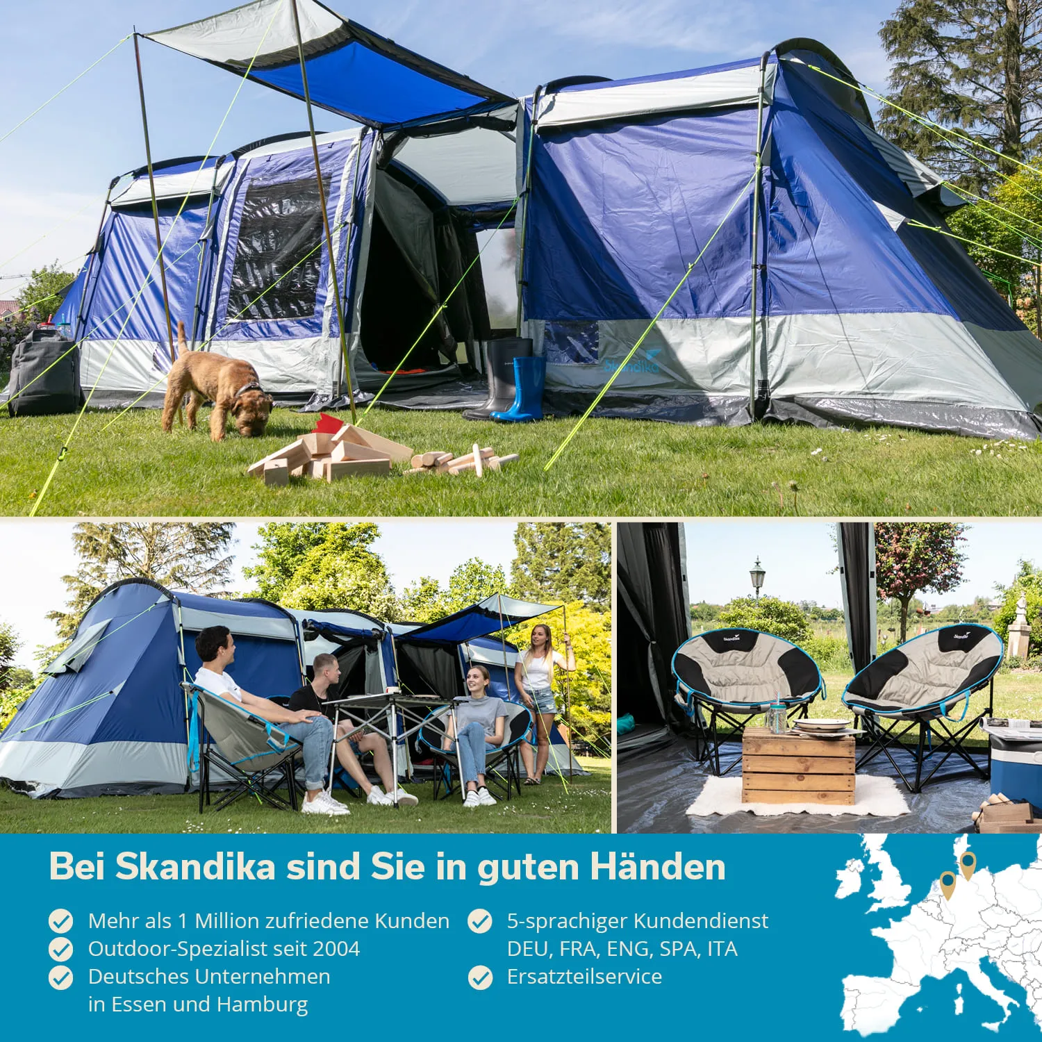 Ein großes Zelt steht auf einer Wiese, daneben ein Hund und Holzspielzeug. Im unteren Bereich sind Menschen in Campingstühlen und ein Tisch zu sehen, umgeben von Bäumen.